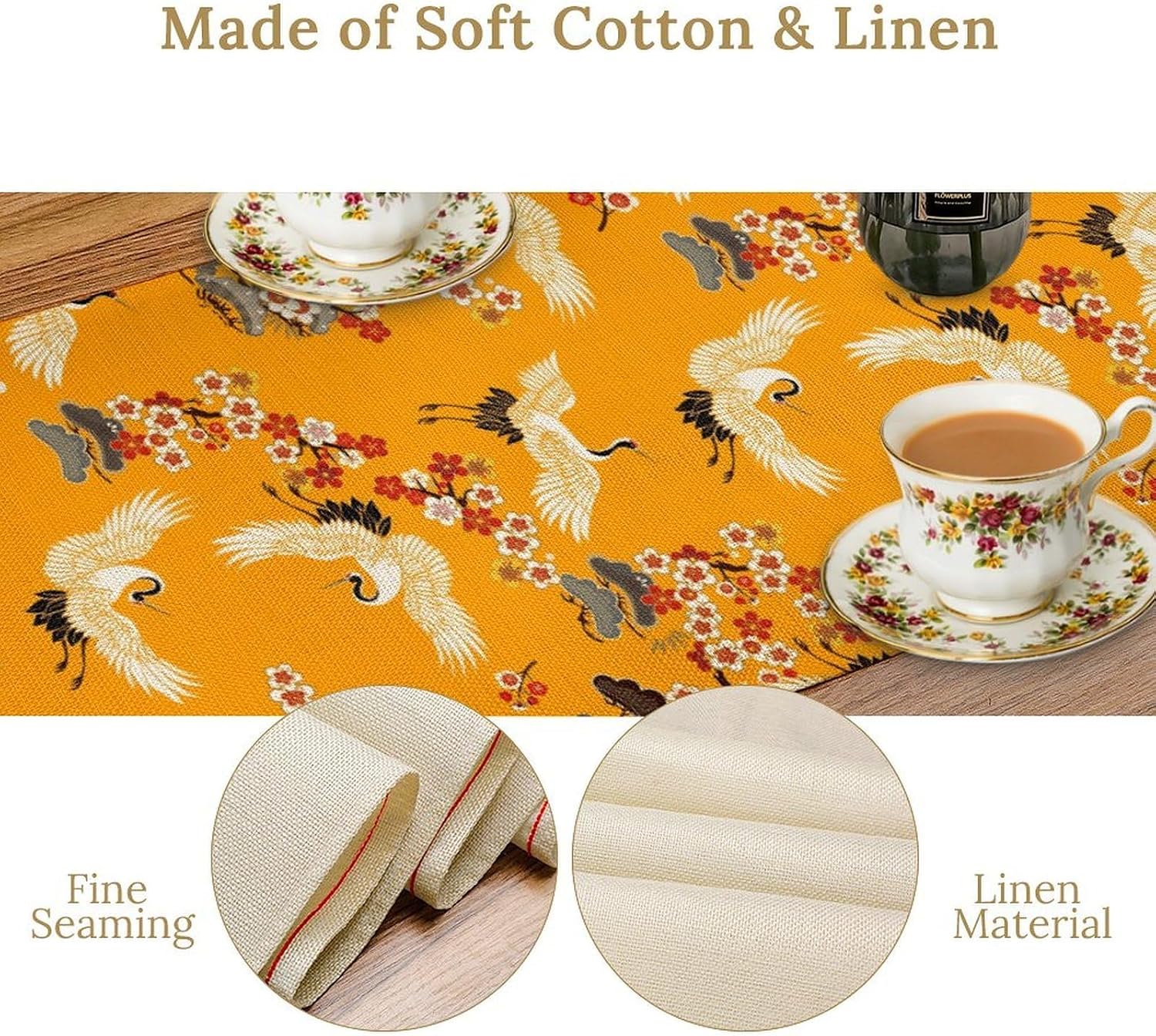 Japanese Table Runner, Vintage Asian Crane Birds Red Floral Cherry Blossom Oriental Chinese Rustic Yellow Table Center Decor for Family Kitchen Outdoor Indoor Party Table Decorations, 13"x108"