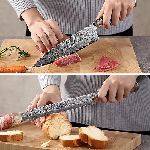 Miniatura 8 de Wakoli Damasco - Juego de cuchillos de chef con bloque magnético, juego de 5 piezas de cuchillos de cocina profesional, cuchillas de acero de