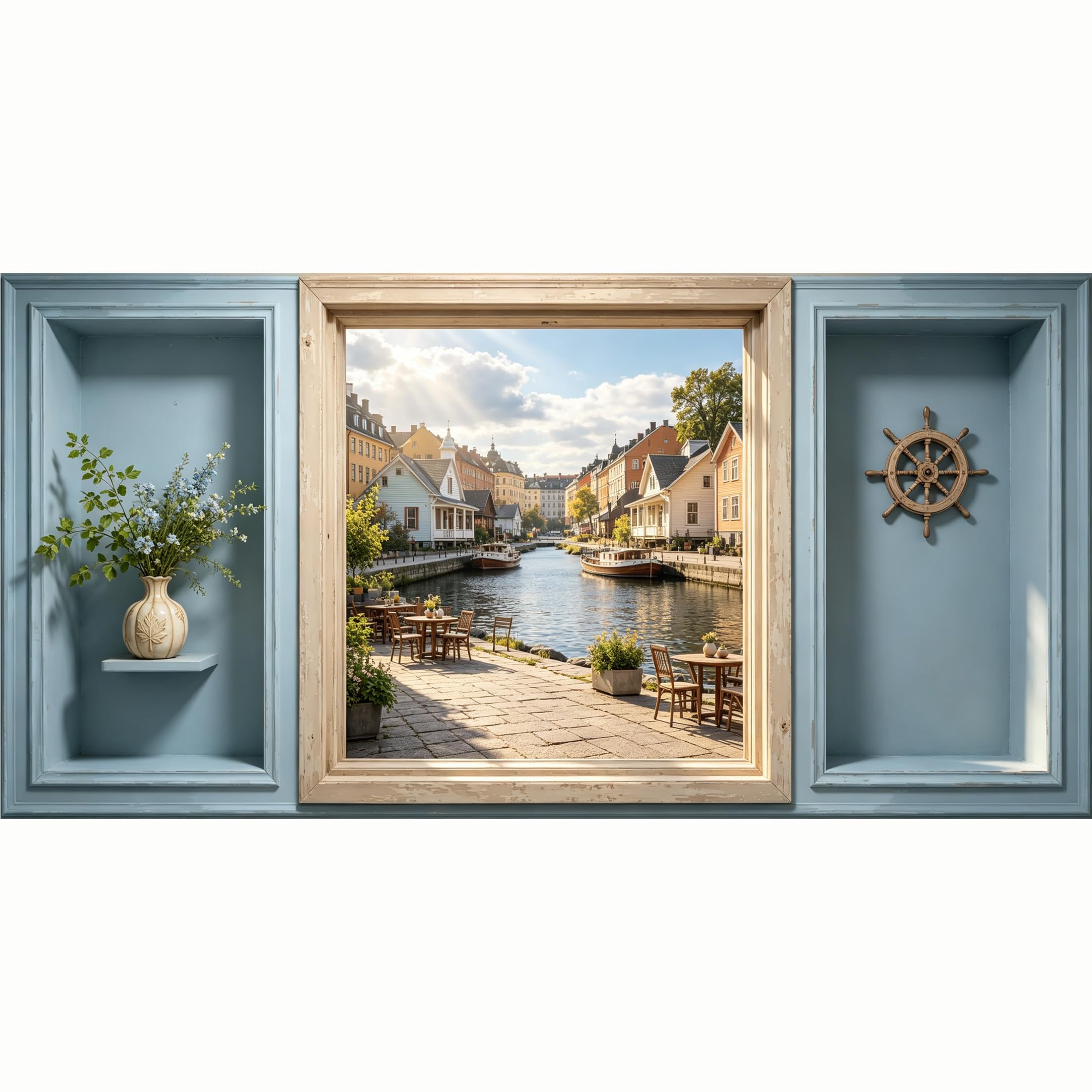 QZLITHOTIC 50x100cm 3D Framed Wall Art， Coastal European Canal Town Scenic Window View Self‑Adhesive Mural， Water‑Activated Peel & Stick Fabric Decor Wall Decal for Bedroom Living Room