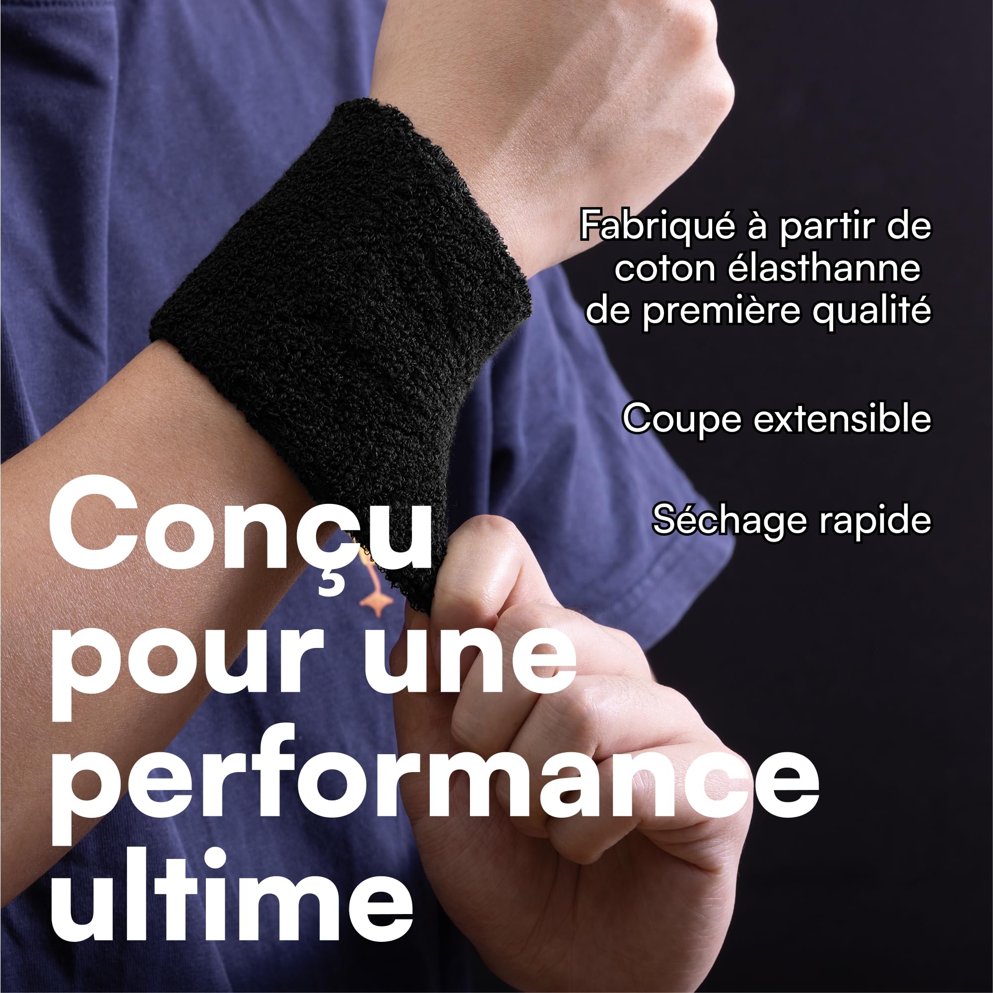 H&S Lot De 6 Bandes Poignet Éponge Absorbantes - 8x8 Cm - Lavables - Pour Tennis, Musculation, Crossfit, Basket, Foot - Homme/Femme - Noir
