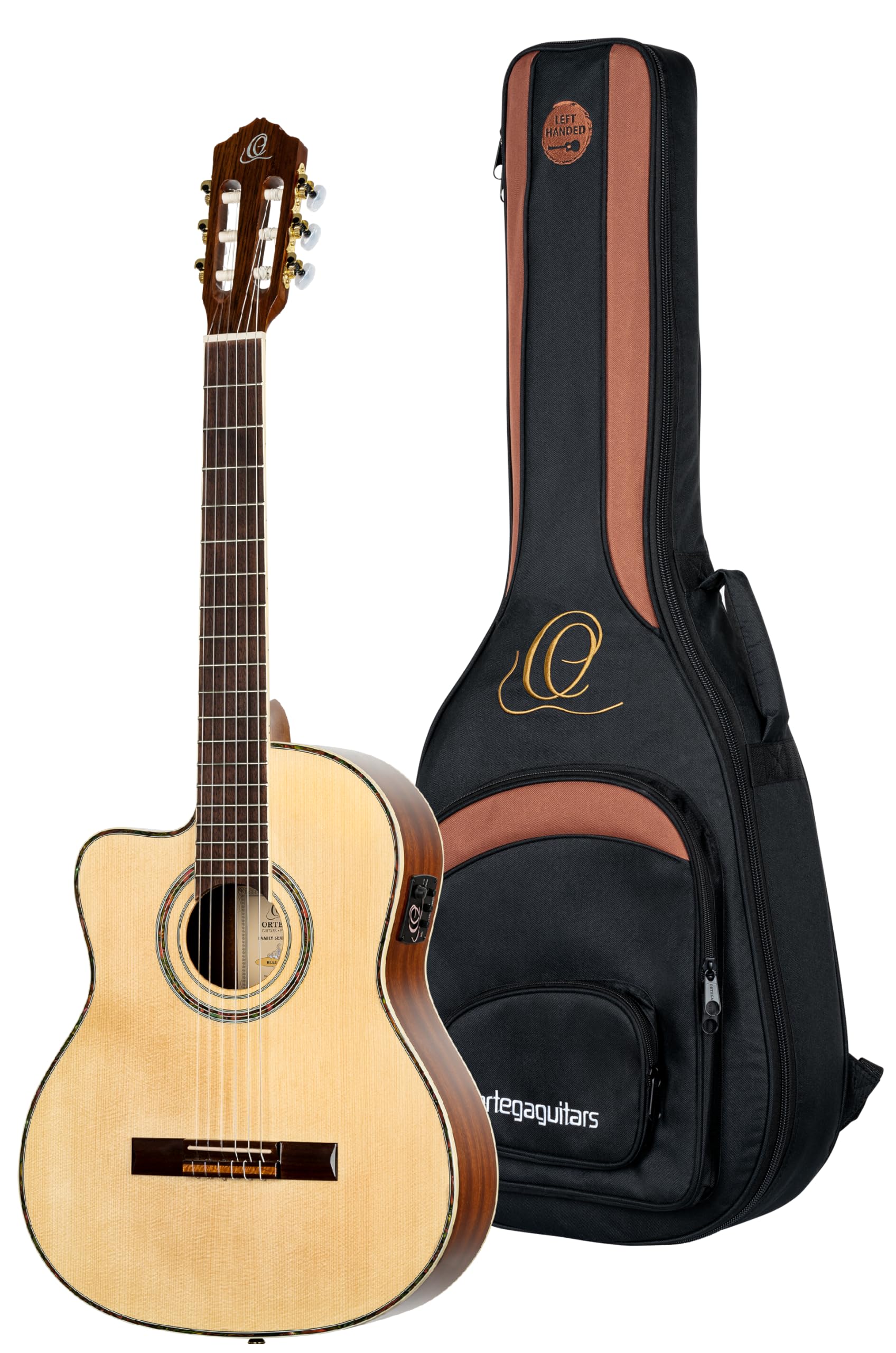 Ortega Guitars Classical Guitar Left-Handed – Electro-Acoustic, 4/4 – Family Series Pro – Including Gig Bag – Solid Engelmann Spruce, Mahogany, Natural (RCE141NT-L)