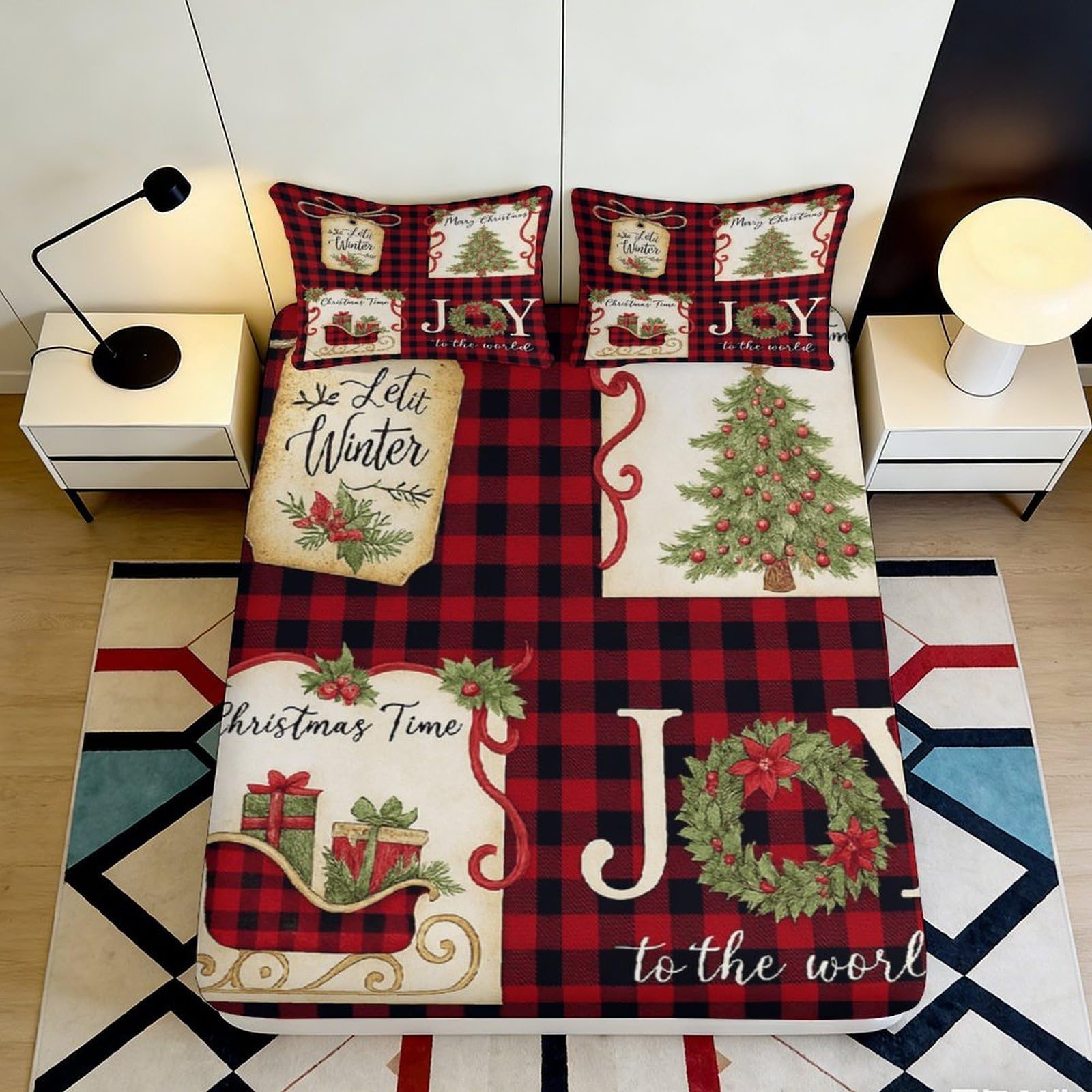 Tjiqhvmrn Style-1 3D Printed Christmas Theme Fitted Sheet Microfiber Deep Pocket Non-Slip Bedroom Bedding Xmas Tree Mattress Fitted Cover Washable Gift 90X200x25cm