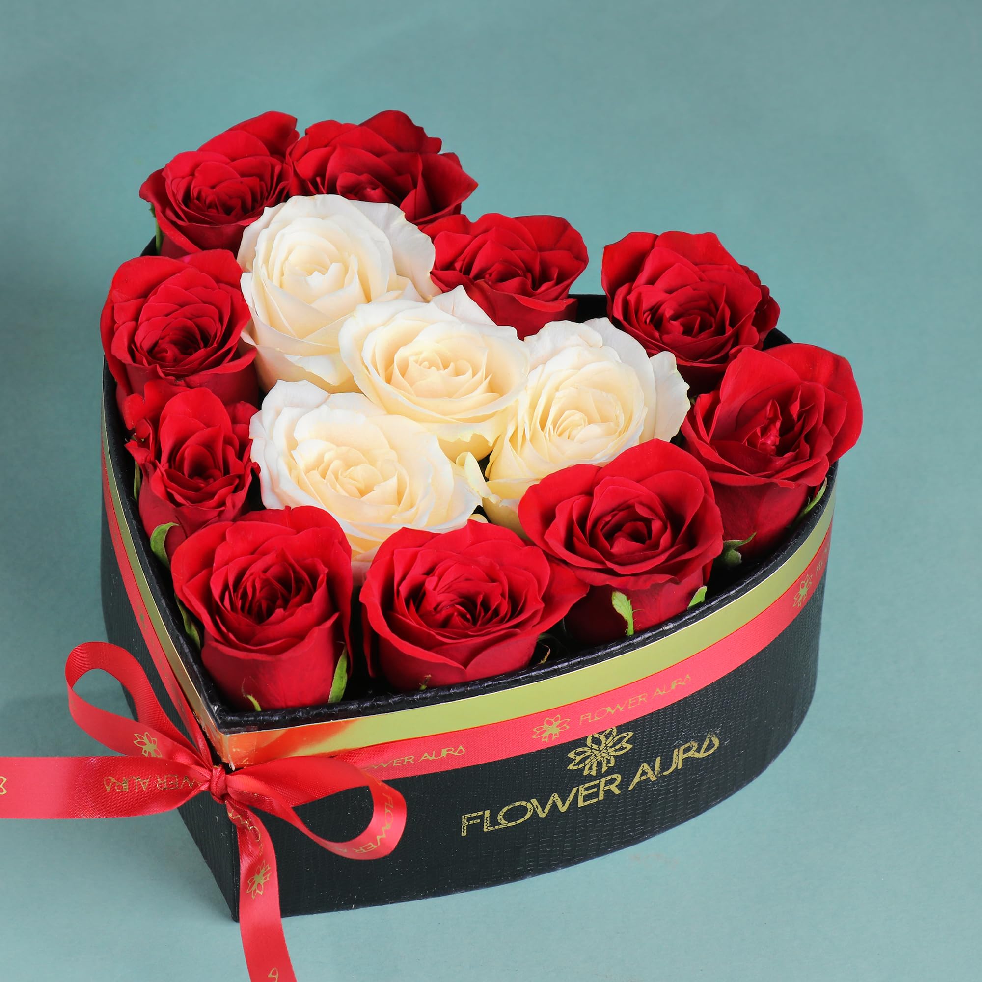 FlowerAura Premium Fresh Live Flower Bouquet of 14 Red & White Roses In FA Black Heart Box Gift For Birthday | Anniversary | Wedding | New Year | Rose Day | Valentine's Day (Same Day Delivery)-image-43