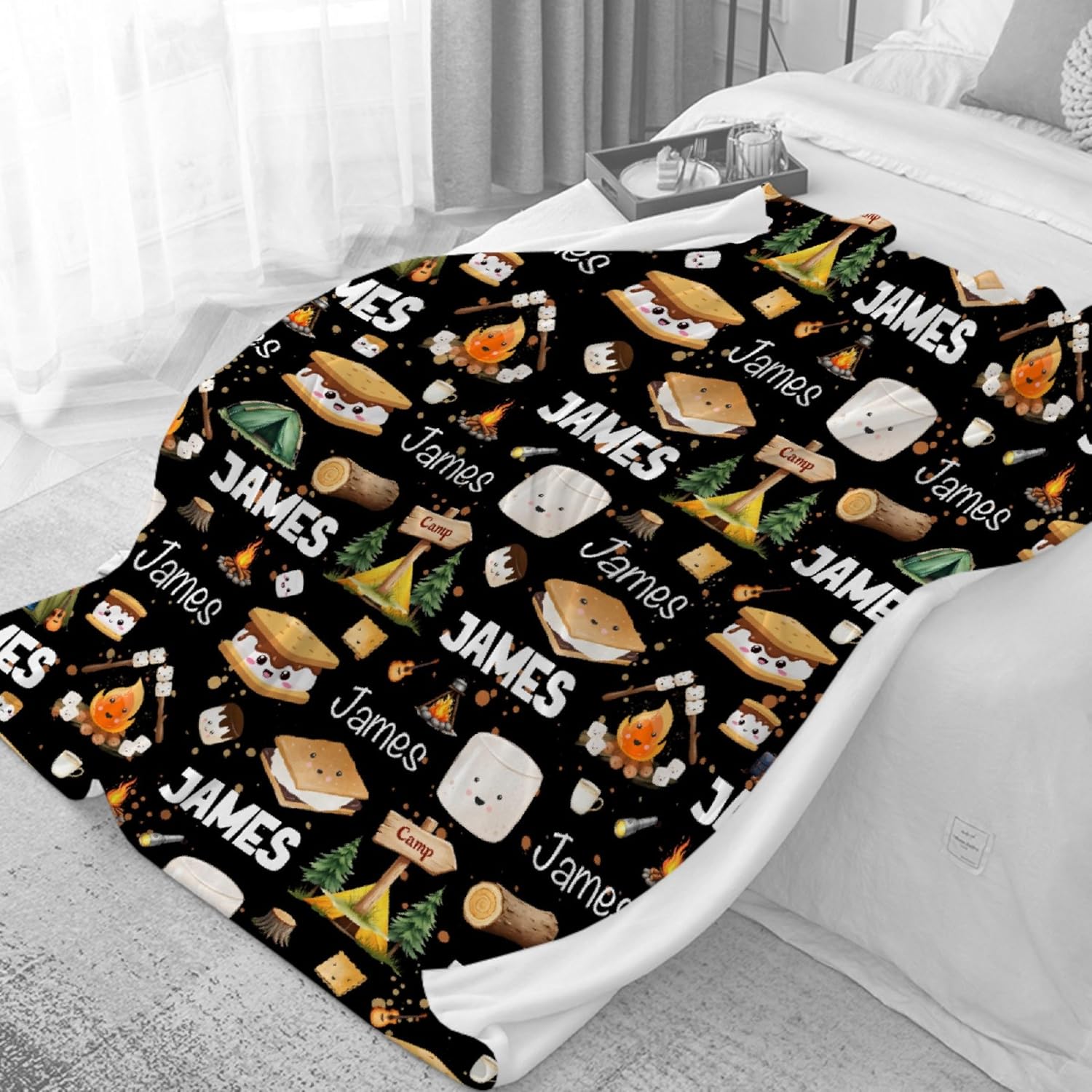 Custom Marshmallow Blanket with Name | Personalized Camping Blanket for Girls Boys | Ultra Soft Customized S'Mores Throw for Couch/Sofa/Travel/Camping Home Decor - 50"x60"-Teens/Travel Size