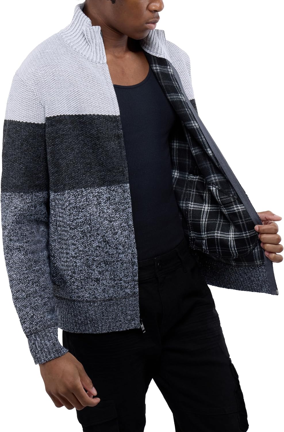 CULTURA AZURE Classic Fit Full Zip Mock Neck Long Sleeve Knit Sweater with Fleece Lining