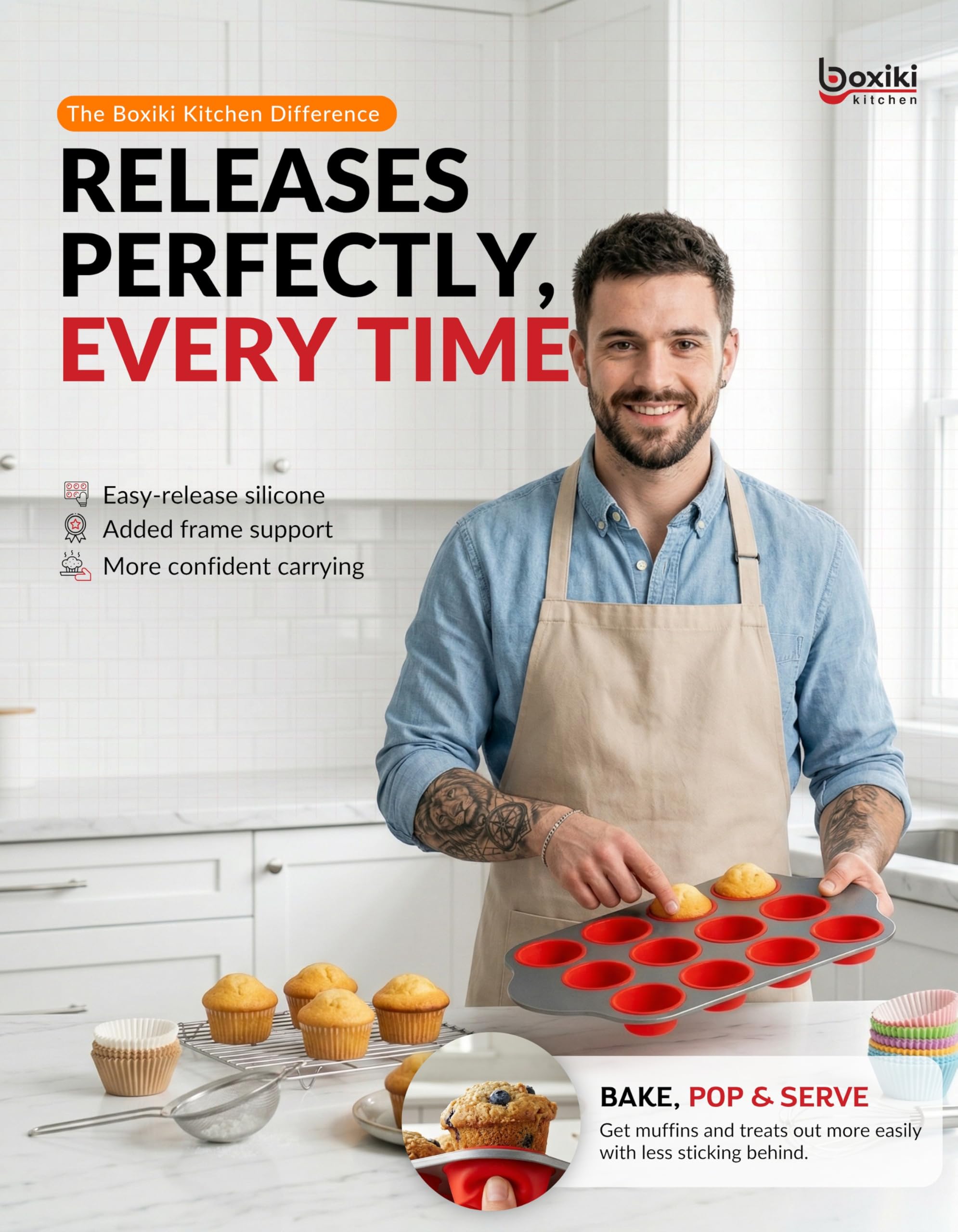 Antihaft-Silikon-Muffinform für 12 Muffins mit Stahlrahmen, BPA-frei, ungiftig, Cupcake-Form mit leicht zu lösender strukturierter Oberfläche, ergonomische Griffe, ofen-, gefrier- und