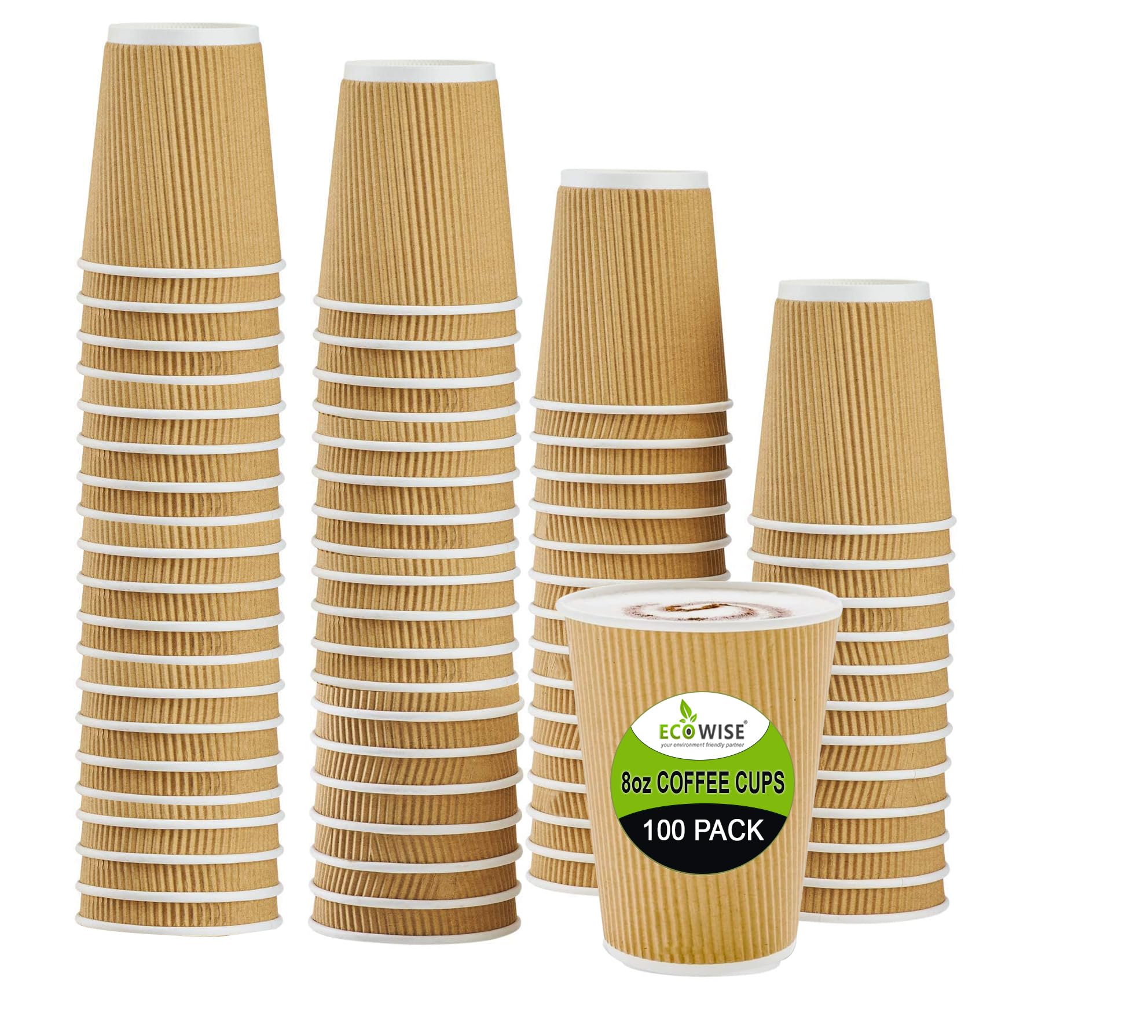 Best House EcoWise Brown 8-OZ Hot Beverage Coffee Cups with Ripple Wall Design, Perfect for Cafes – Eco-Friendly Recyclable Paper-Takeaway Coffee Cups (Pack of 100) — image 1