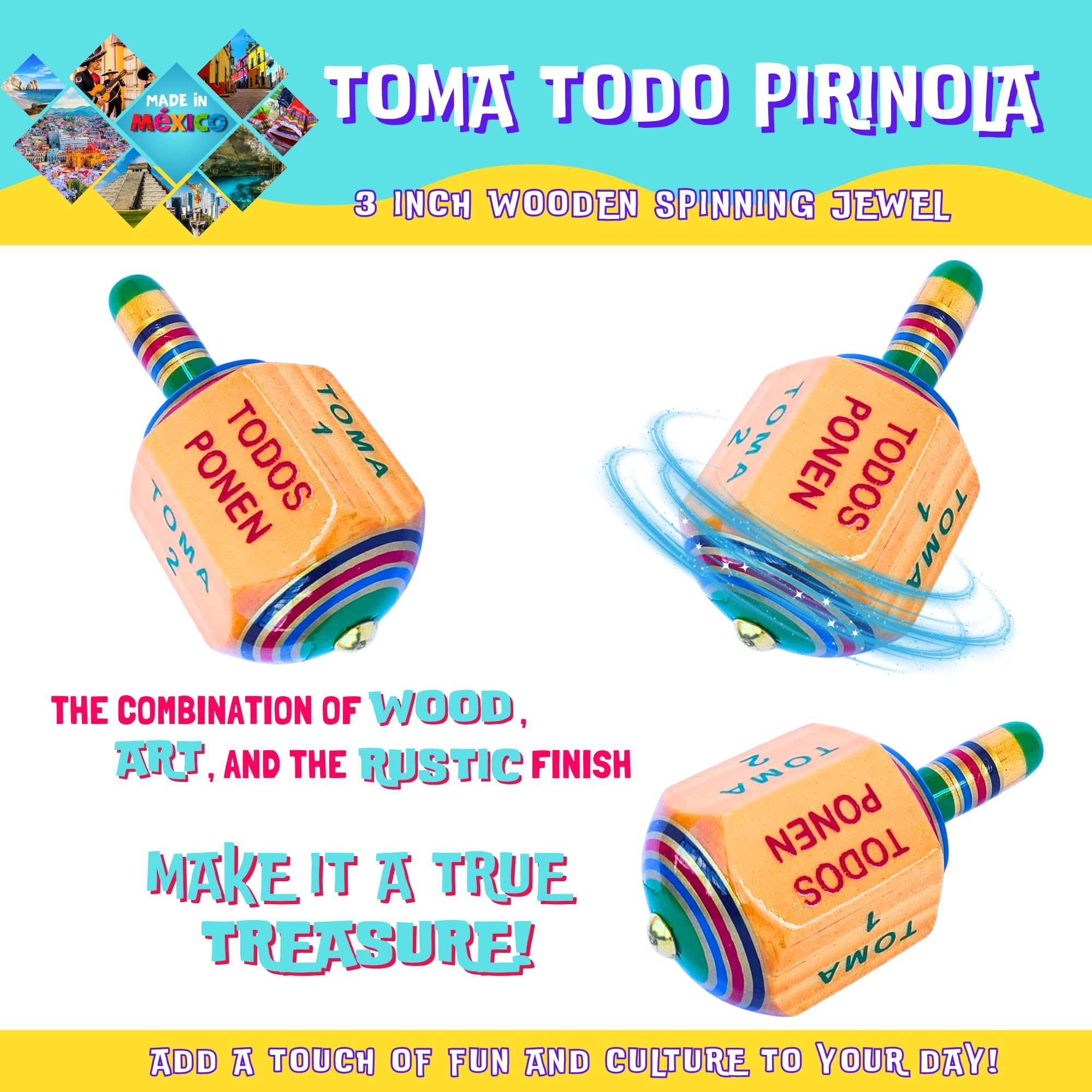 Toma Todo Pirinola Mexicana de Madera - 7.6 cm tradicional mexicano de madera Spinning Top Put and Take Juegos Mexicanos de Mesa Fiesta Adulto Fiesta