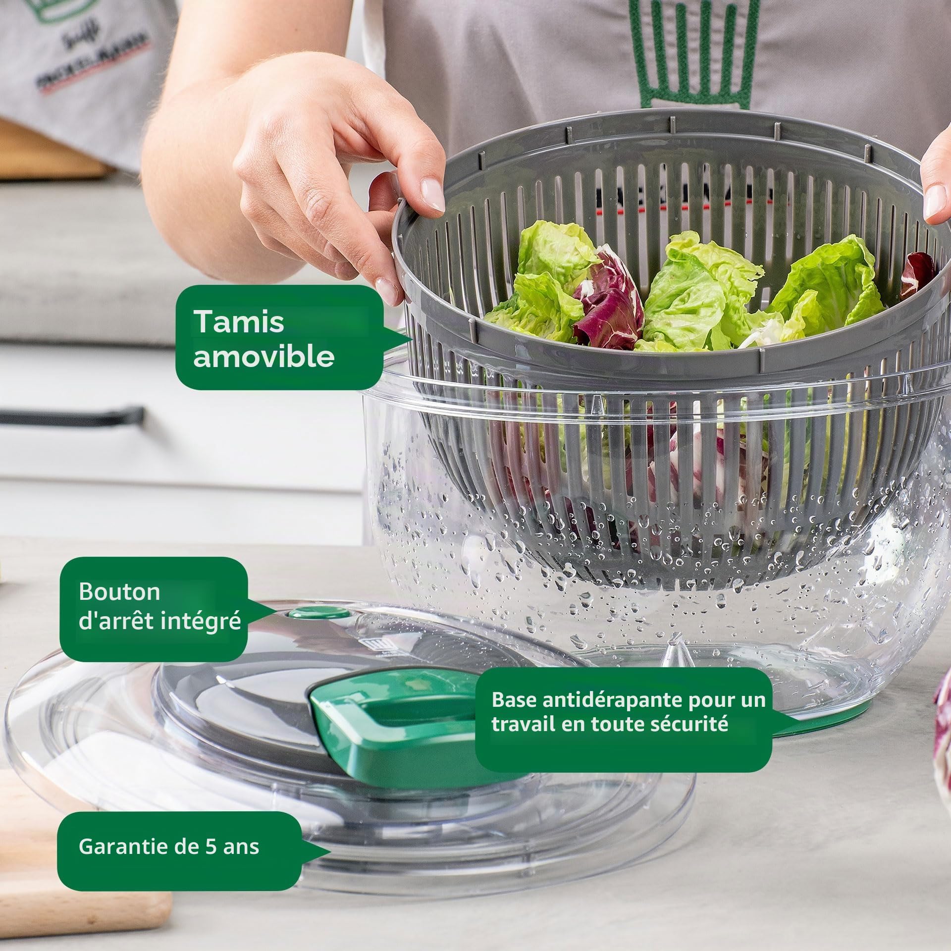 FACKELMANN Chefkoch Salad Spinner avec cordon et bouton d’arrêt – Essoreuse à salade pour laver, sécher et servir la salade sans effort – Cordon pratique inclus et tamis amovible
