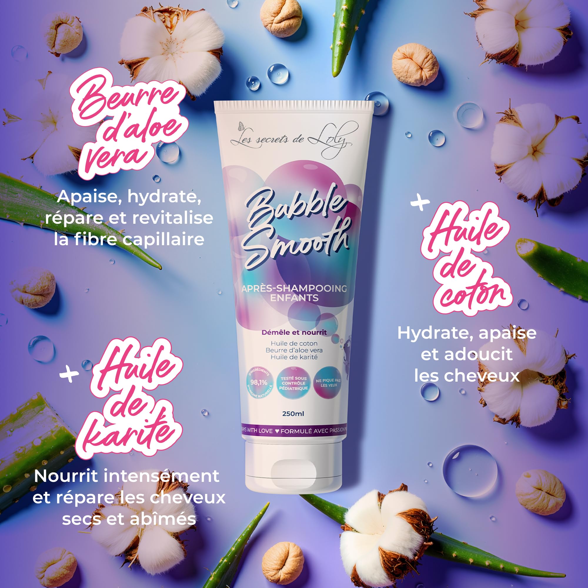 Les Secrets de Loly – Bubble Smooth – Après-shampooing enfant démêlant Nourrit & définit les boucles – Cheveux bouclés, frisés et crépus (enfants) – +98% d'origine naturelle – 250 ml - 3