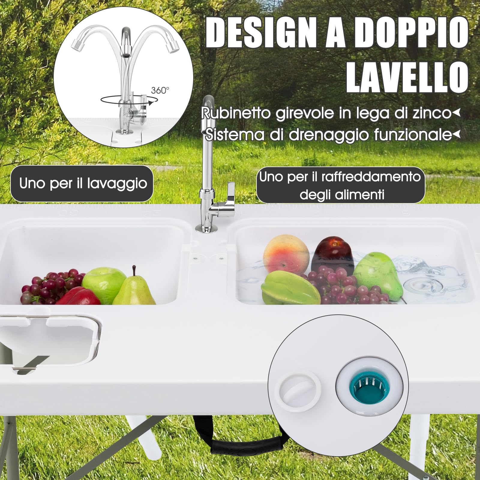 GYMAX Tavolo Portatile per la Pulizia del Pesce, con 2 Lavandini e Rubinetto Girevole, in Acciaio e HDPE, per Campeggio, Pesca, Picnic, Portata 150 kg, 101,5 x 65,5 x 107,5 cm