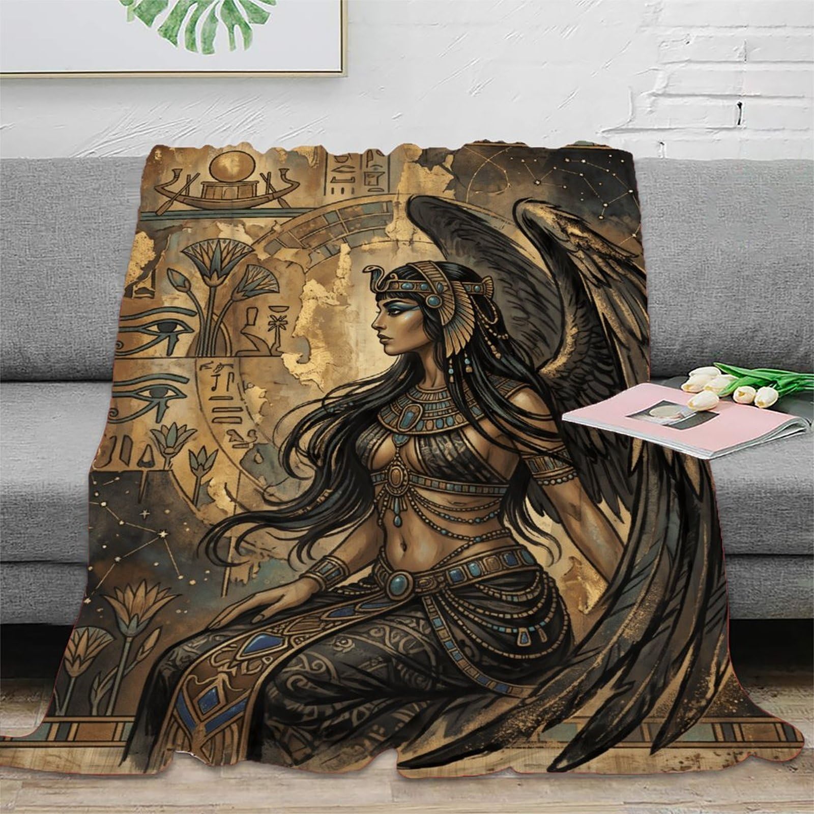 W7C8U2X3 Egyptian Winged Goddess Portrait Blanket, Flannel, Bedroom