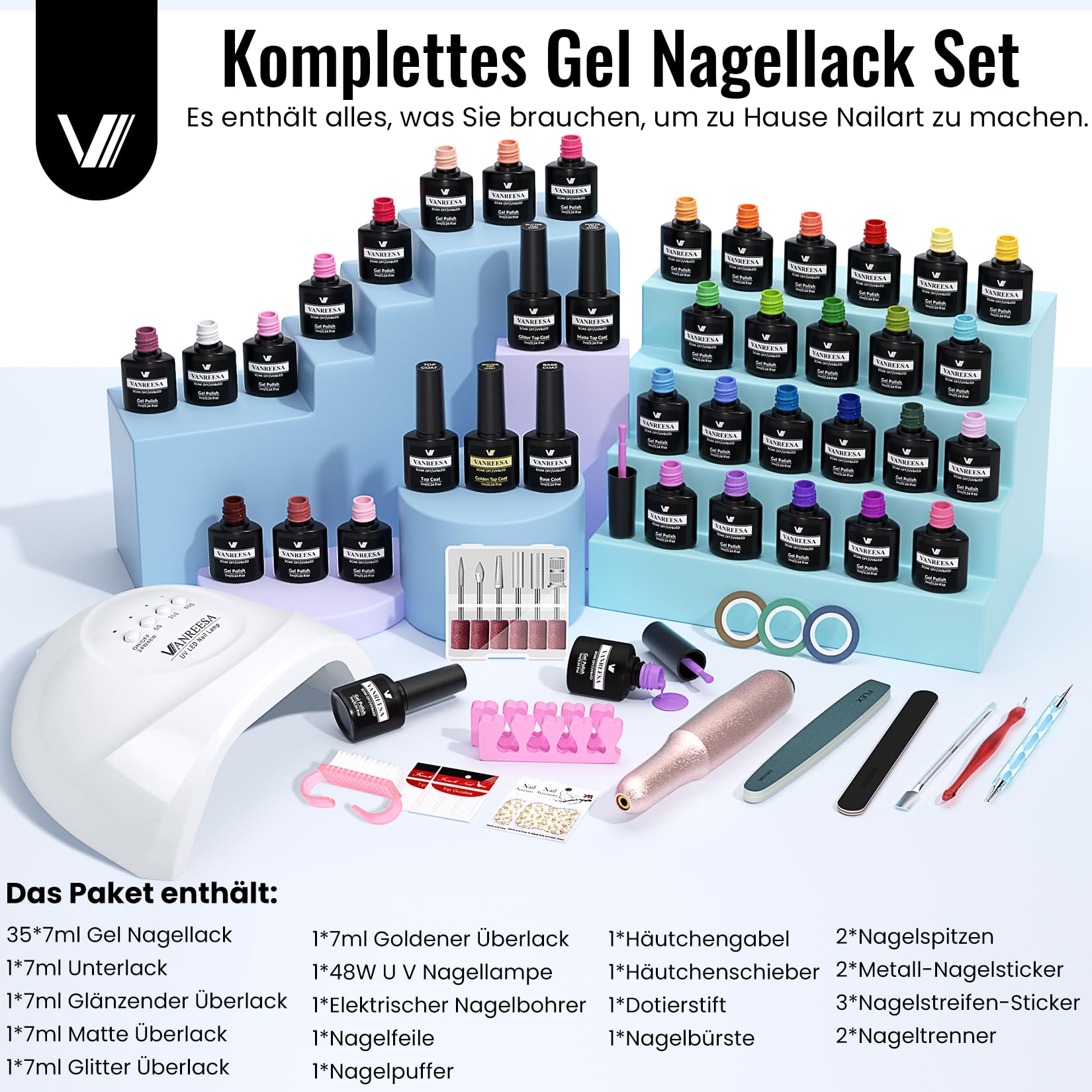 VANREESA U V Nagellack Set, Gelnägel Starterset mit Professioneller Elektrische Nagelfräser 35 Farben Gelnägel Set mit 48W U V/LED Nagellampe Rosa Orange Grün Maniküre Starter Kit Geschenk für Frauen