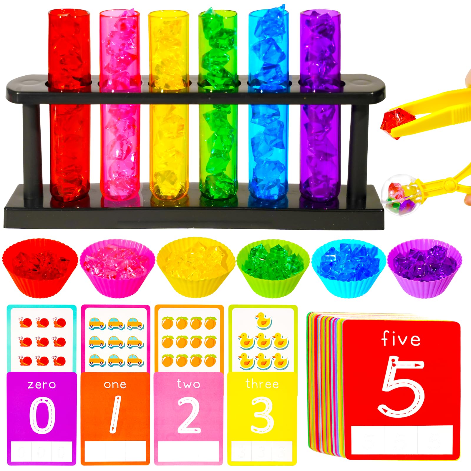 Rileryan 105 Pcs Test Tube Counting and Color Sorting Kit Sensory Bin Table Filler Accessories Fine Motor Skills Color Matching Rainbow Sorting Set with Acrylic Gems Crystals Sorting Bowls Cups Tools