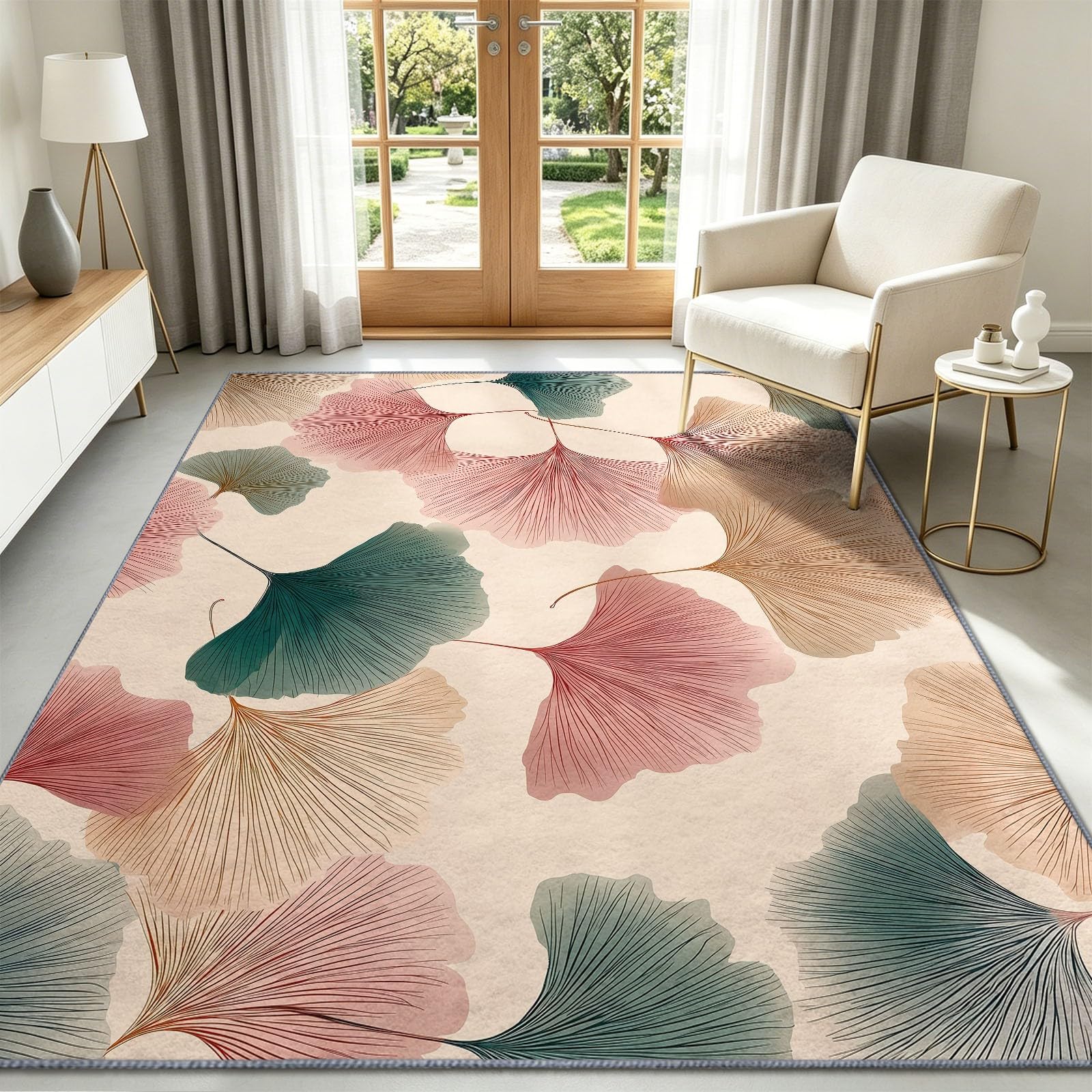 Tappeto per soggiorno, 120 x 170 cm, a forma di ventaglio con foglie di ginkgo, morbido, elegante, antiscivolo, cucina, camera dei ragazzi, camera da letto, tappeto a pelo corto, morbido, facile da