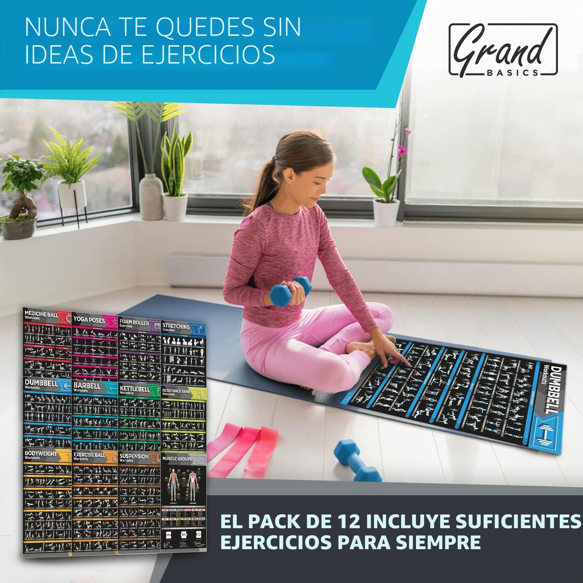 GRAND BASICS Juego de 12 pósteres grandes laminados de entrenamiento, pósteres perfectos para el gimnasio en casa, tablas de ejercicios, incluye mancuernas, posturas de yoga, pesas rusas,