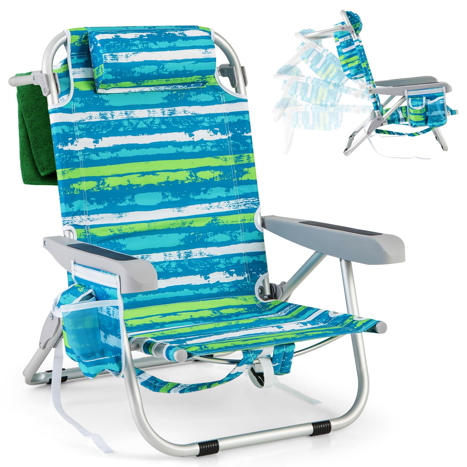 COSTWAY Silla Plegable de Playa, Tumbona con 5 Posiciones, Portavasos, Bolsillos de Almacenamiento, Correas de Hombro, Soporte para Toallas, Almohada, 150kg (Verde+Azul,1)
