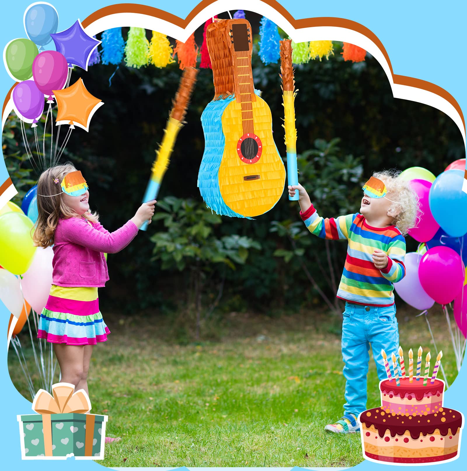Sratte Guitar Pinata Bundle with a Blindfold and Bat, Kids Guitar Musical Fiesta Pinata for Boys Girls Adults Birthday Parties, Music Party Favors, Carnival and Related Events, 16 x 7 x 3 Inches