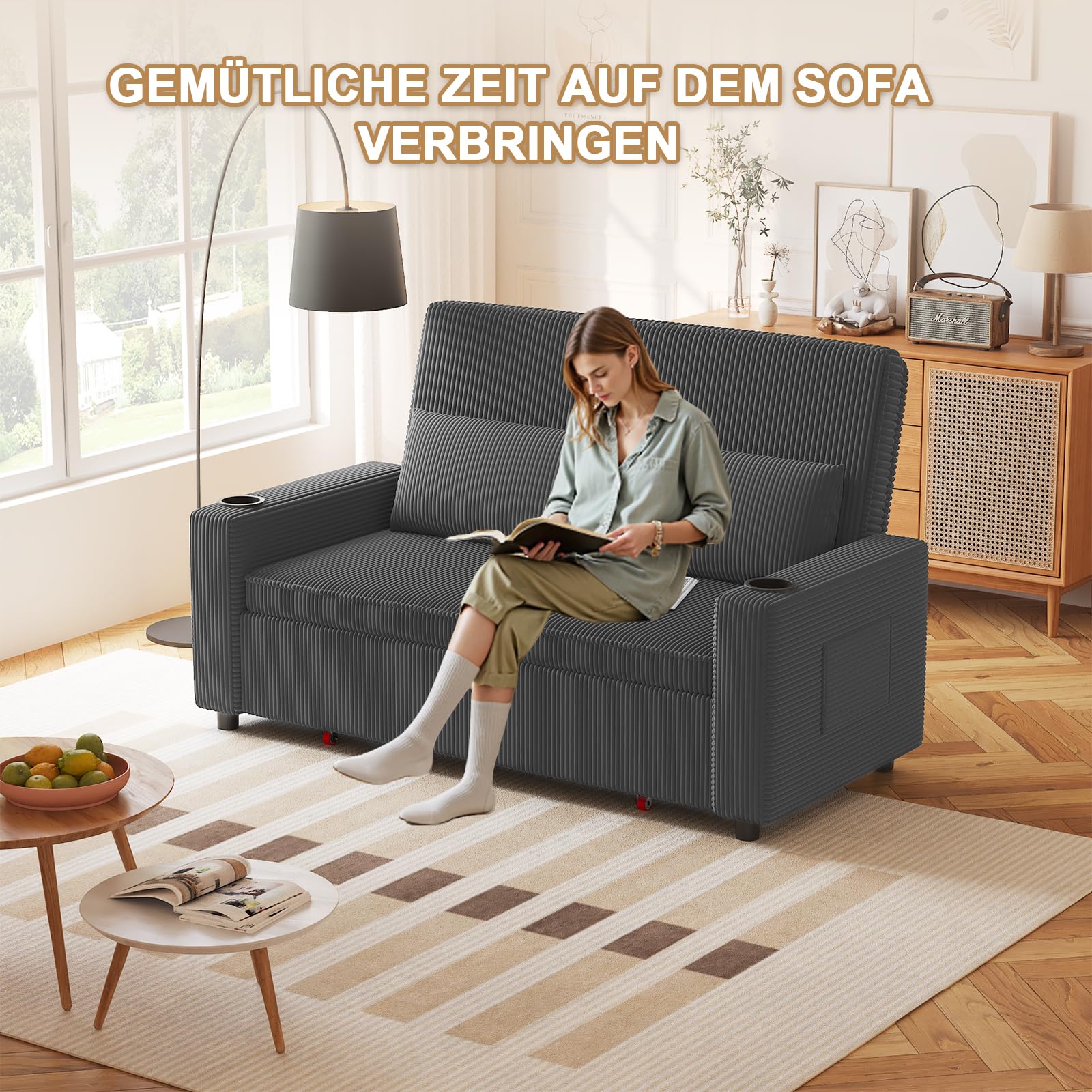 JUMMICO Schlafsofa 2 Sitzer klein Sofa mit Schlaffunktion Schlafcouch Ausziehbar mit Kissen Couch Cord-Bezug mit Getränkehalter Klappsofa Für Wohnzimmer Schlafzimmer,75 x 160 x 93 cm,Grau