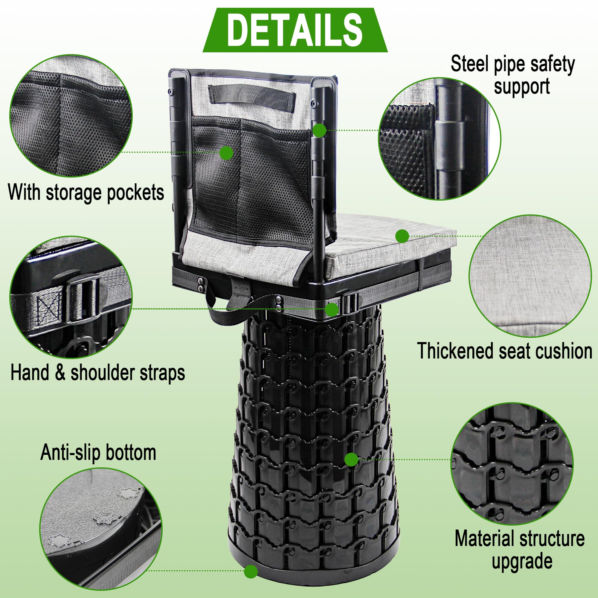 ALEVMOOM Sgabello pieghevole con schienale, cuscino e borsa, sgabello telescopico portatile, resistente, capacità di carico 453,6 kg, sedia pieghevole quadrata per campeggio, giardinaggio, pesca