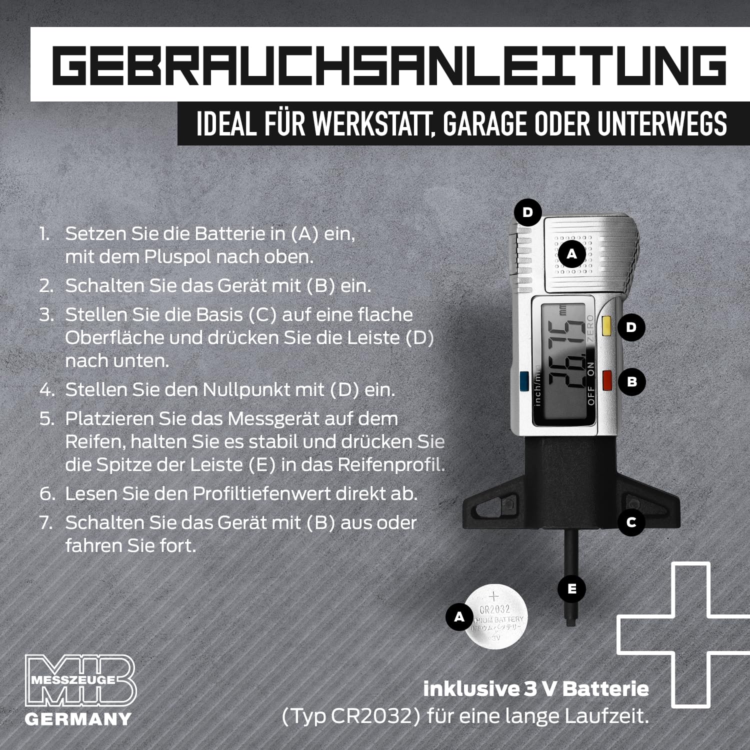 MIB Digitale Reifen-Profillehre für PKW & LKW Nr. 615/3 | Reifenprofilmesser | Tiefenmesser aus Kunststoff | Profiltiefenmesser für Autoreifen | Messwerkzeug | Messbereich 30mm | inkl. Batterie & Etui