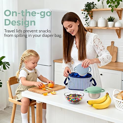 Miniatura 5 de Stainless Steel Snack Cups with Silicone Food Catcher, Travel Lid, Spill-Proof Baby Toddler Food Containers, Dishwasher Safe, 2 Pack