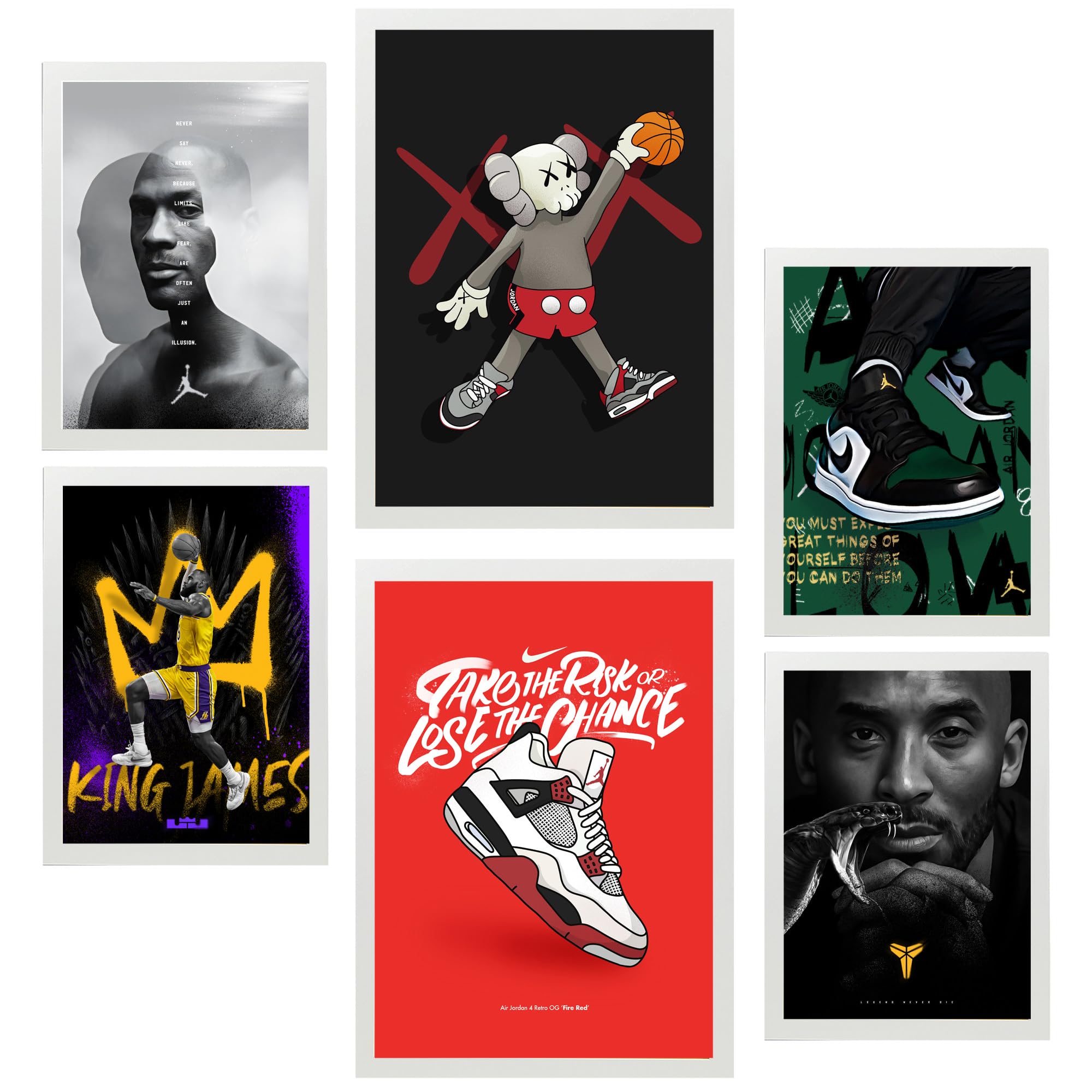 Nacnic Set of 6 Iconic Basketball King James Jordan Nike Framed prints with design illustration to decorate walls of home. Room, office, shop, business. A3 and A4 size White Frame