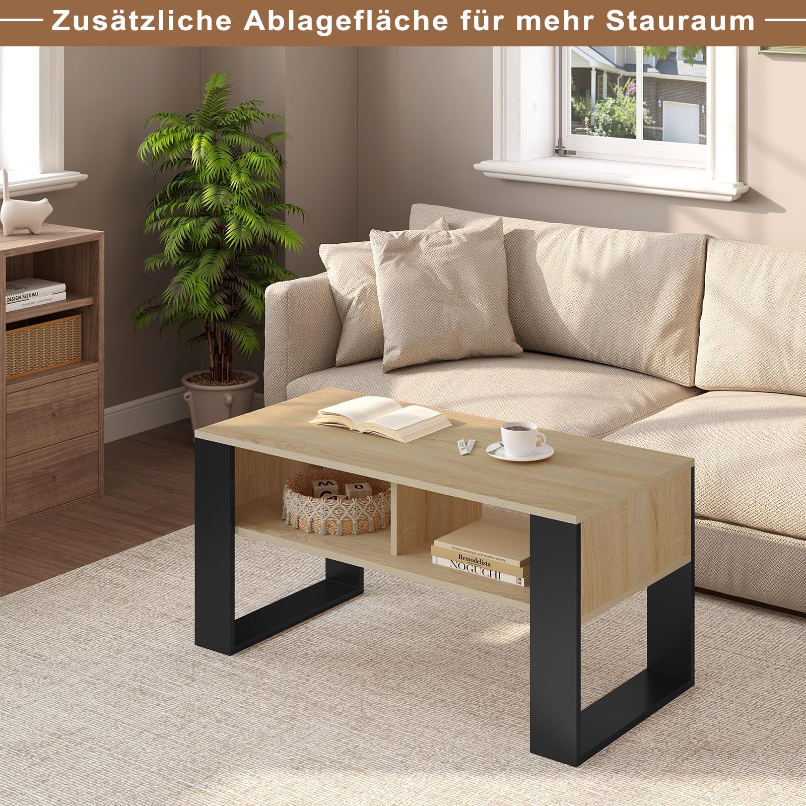 WOLTU Couchtisch mit Stauraum, Beistelltisch fürs Wohnzimmer, Wohnzimmertisch modern, rechteckiger Kaffeetisch Sofatisch, 2 offene Fächer, helle Eiche Schwarz, BTS16hei