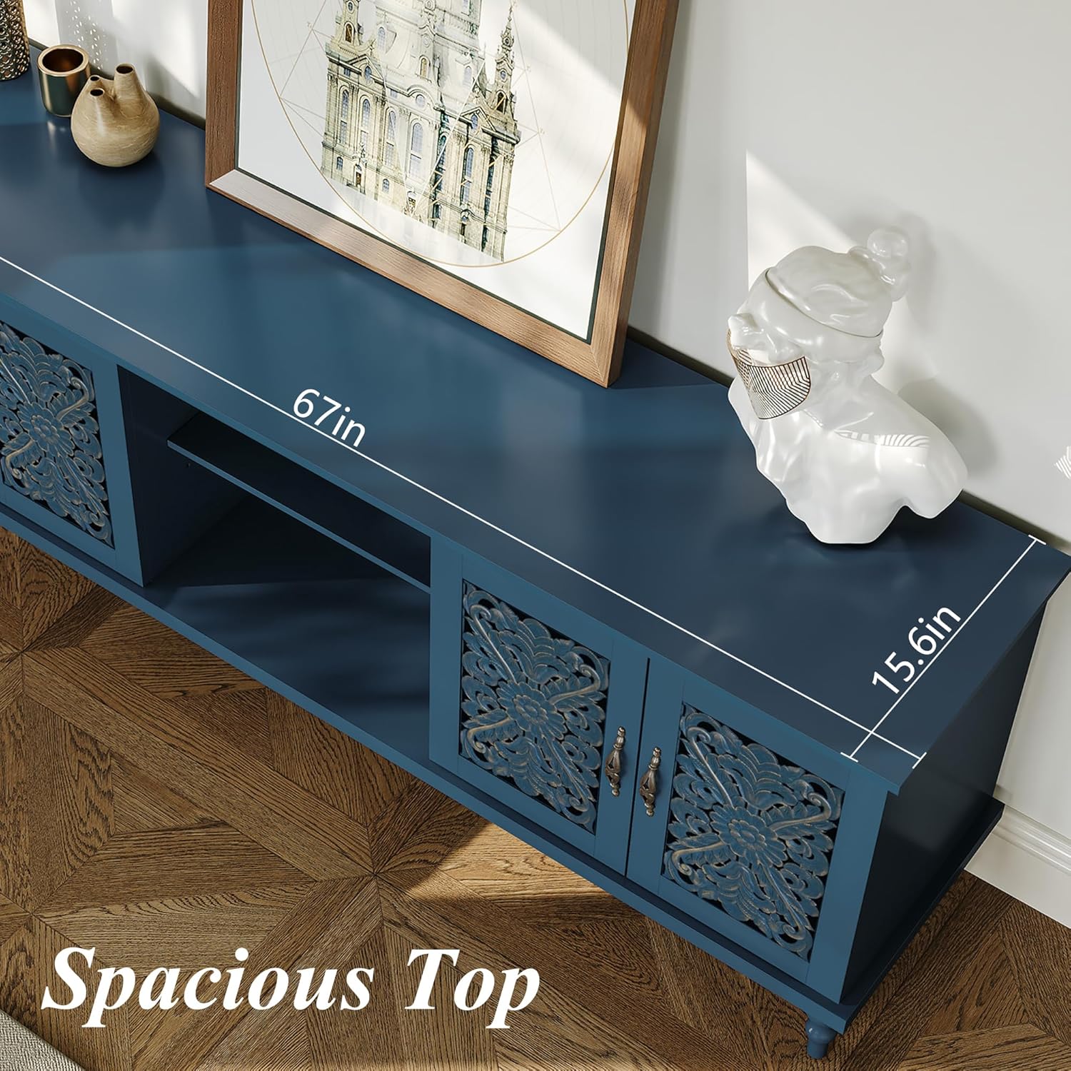 ARTPOWER 67'' Vintage TV Stand with Hollow Carved Doors and Adjustable Shelves, Retro Entertainment Center with Storage, Long TV Consoles for Living Room, Bedroom, Blue