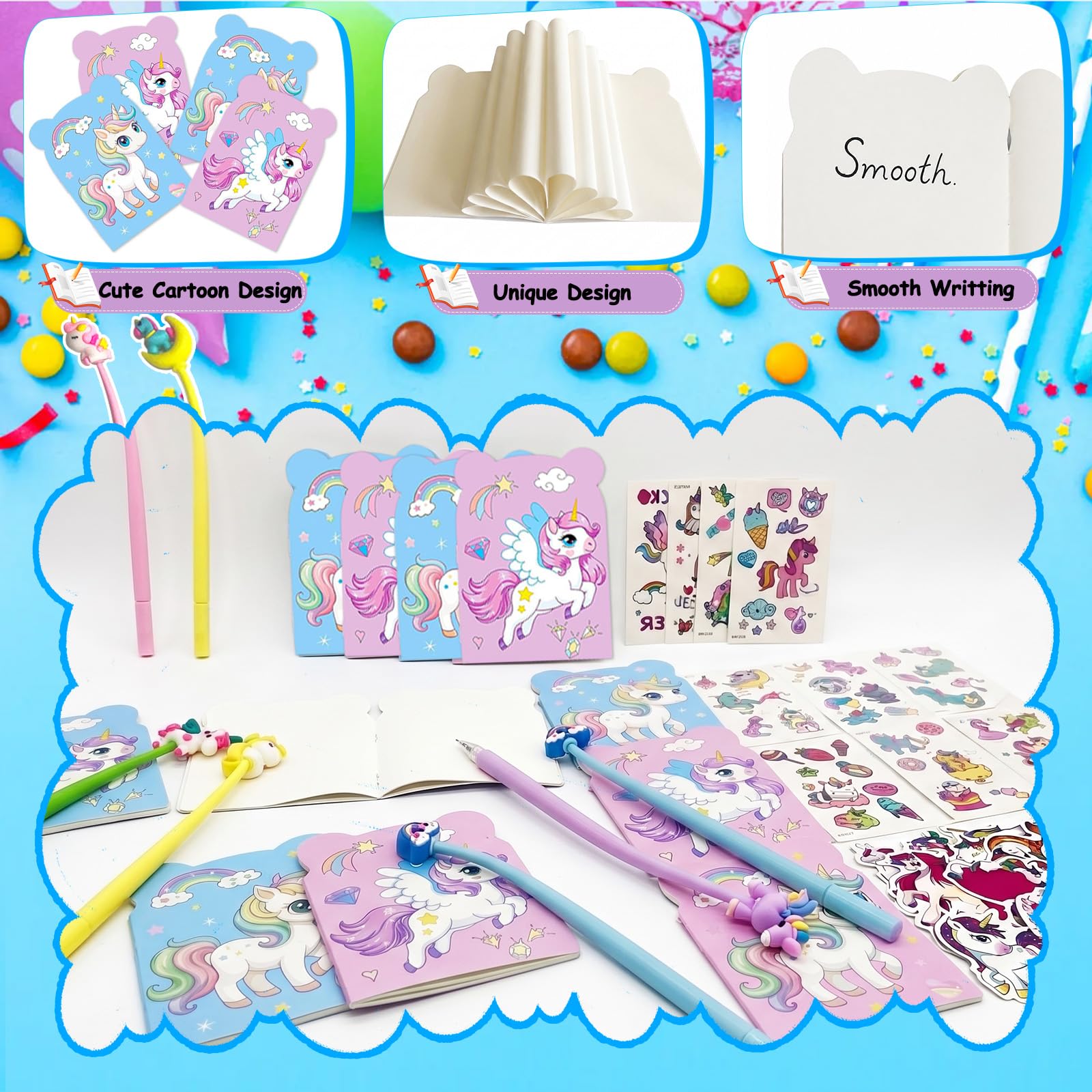 Mepmela Confezione da 24 sacchetti con unicorno, per feste di compleanno, set con coppe, mini quaderni, penne shaker per pignatta, regali in classe, premi, sacchetti regalo