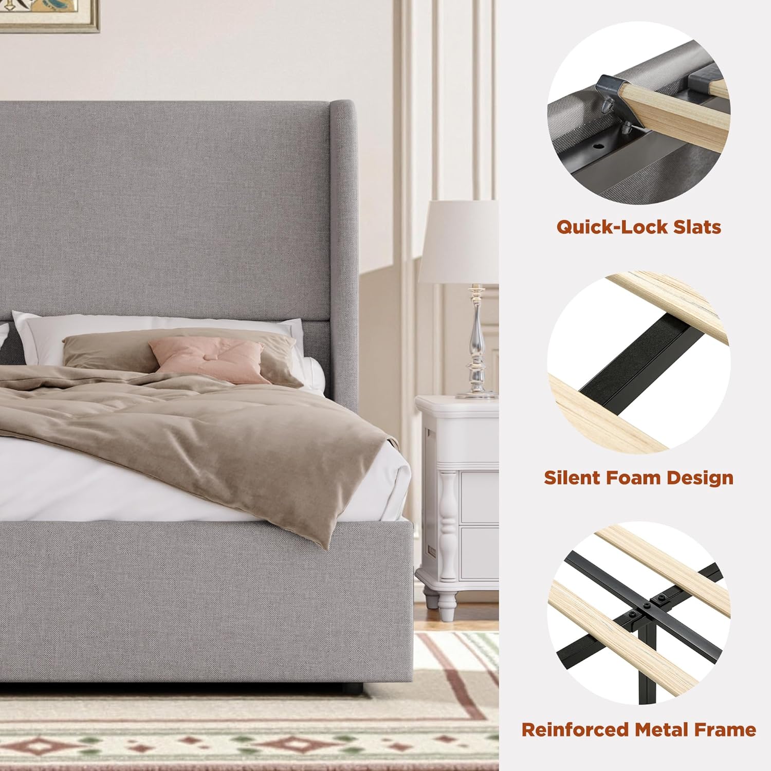 PaPaJet King Size Lift Up Storage Bed Frame with 51.2" Wingback Headboard, Linen Upholstered Platform Bed, Hydraulic Support System, Reinforced Metal Structure, No Box Spring Needed, Light Grey