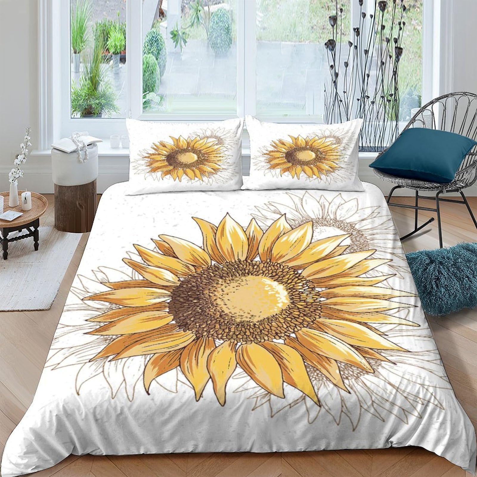 GPLZQXKJNH 3D Printed Sunflower Duvet Cover Microfiber Bedding Set Yellow Floral Quilt Cover with 2 Pillowcases for Bedroom Decor Single（135x200cm）