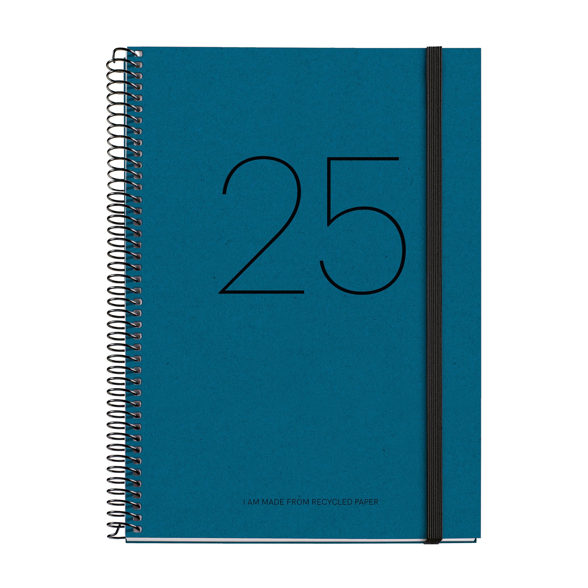 Miquelrius - Agenda 2025, Agenda anual 155x213 mm, Agenda día página, Cubierta reciclada cartón forrado, Papel reciclado 100 g/m², Cierre goma, Español, Inglés y Portugués, Agenda reciclada azul