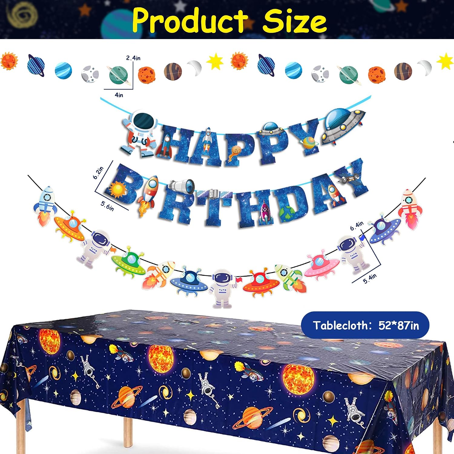 Outer Space Party Decorations - Space Theme Supplies with Happy Birthday Banner Solar System Tablecloth for Galaxy Party Decor (Tablecloth+Flag Banner) image 2