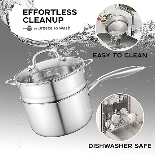Miniatura 6 de Leetaltree Cacerola de acero inoxidable de 1.5 cuartos de galón con cesta de vapor, construcción de tres capas, sartén versátil con tapa de drenaje