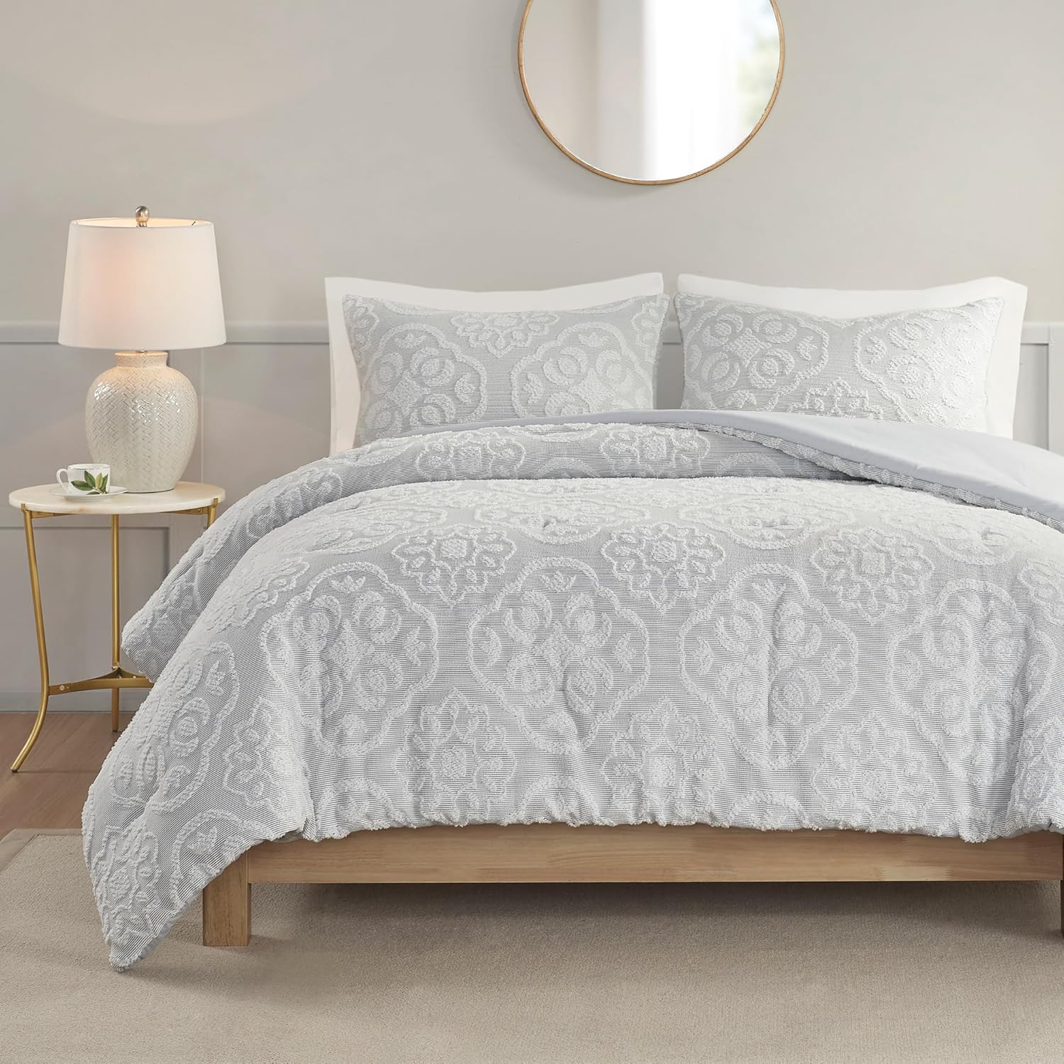 Madison Park King Comforter Set, Medallion Tufted Farmhouse Comforter for King Size Bed, Down Alternative All Season Bedding Set King, Matching Shams, Everly, King/Cal King, Grey/White 3 Piece King/Cal King Grey/White