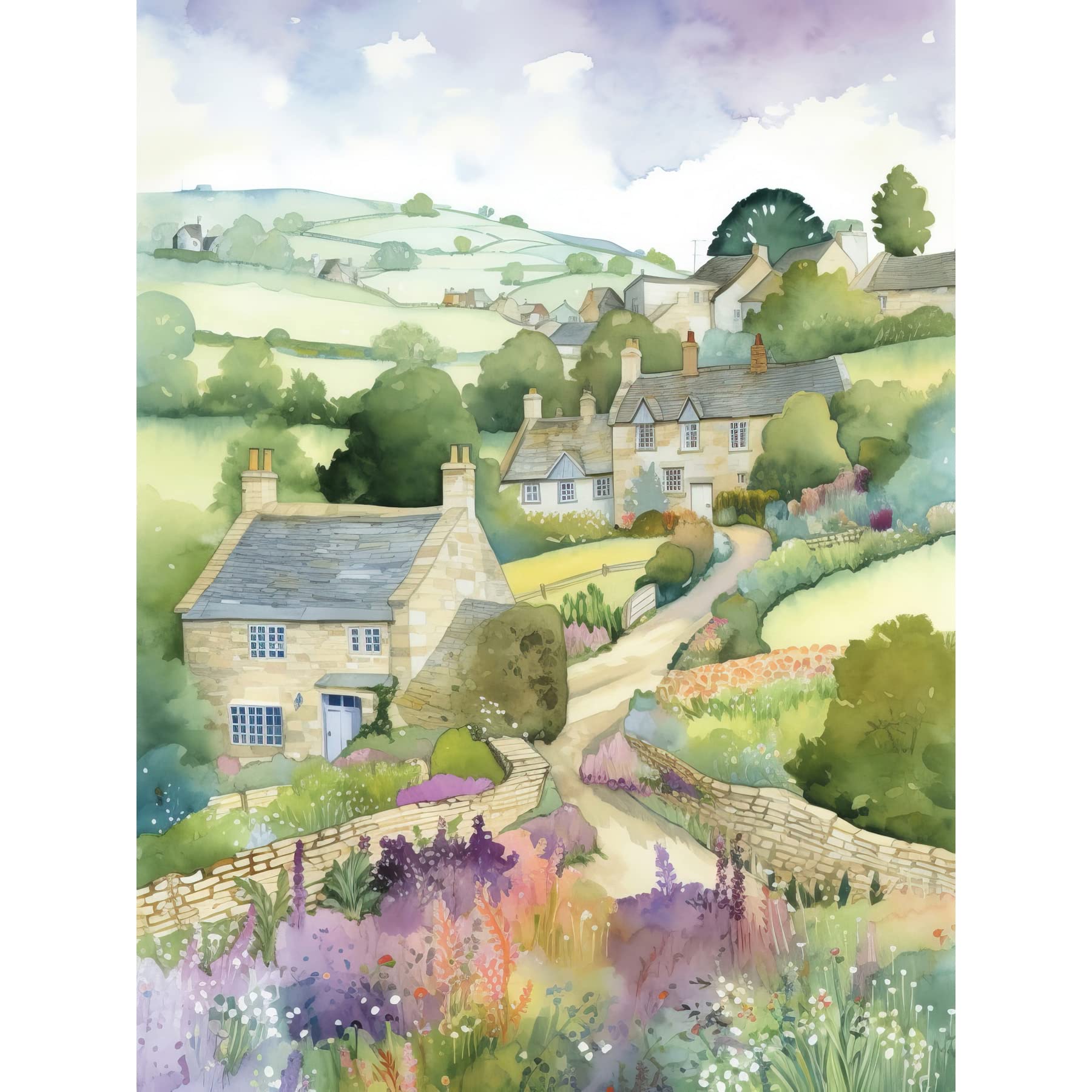 Artery8 Countryside Spring Landscape with Cottages Modern Watercolour Painting Large Wall Art Poster Print Thick Paper 18X24 Inch