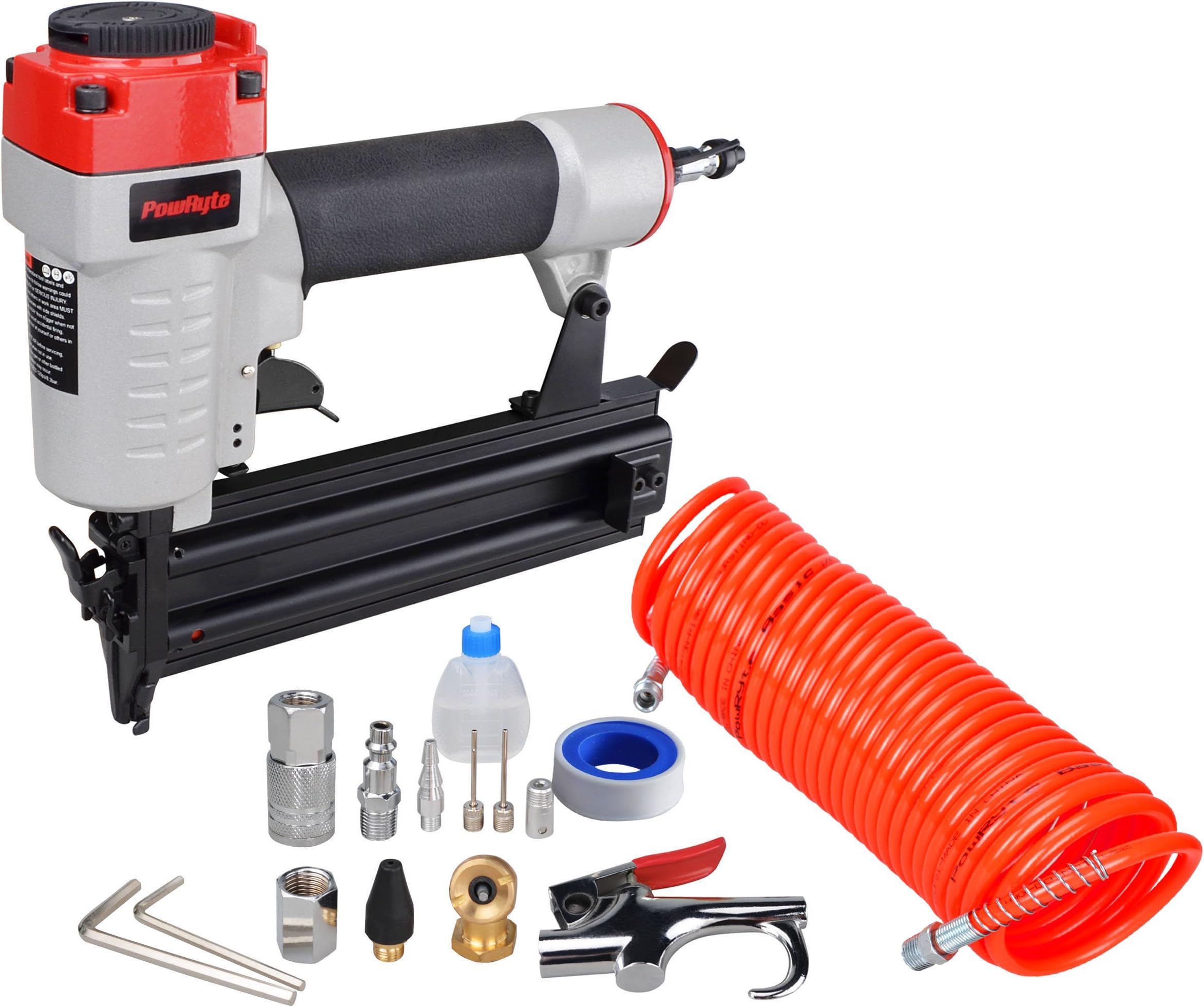 PowRyte 18 Gauge Air Brad Nailer with 15pc Starter Kit, 3/8-inch to 2-inch, Tool-Free Jam Release Mechanism