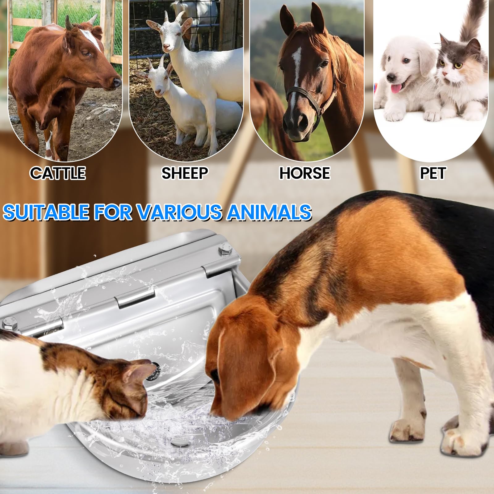 Edelstahl Viehtränke mit Ablaufstopfen, Anschlussstück, Geflochtenem Schlauch, Befestigungsschrauben und Speigatt, Automatische Viehtränke für Hund, Rind, Pferd, Ziege, Schaf, Schwein