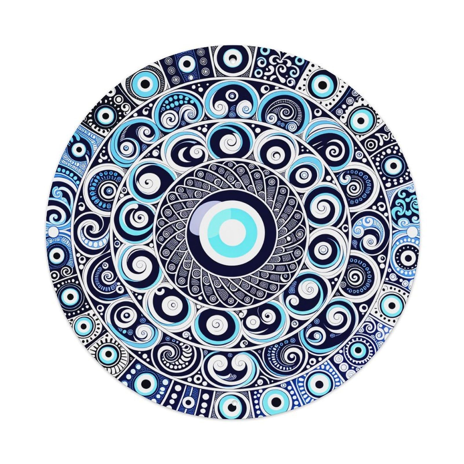 Blue And White Circular Mandala Pattern With Swirls And Circles Round Vintage Tin Sign,Retro Wall Art,Metal Poster for Home, Bar, Garage, Cafe, Rustic Indoor & Outdoor Decor, 8x8 Inches