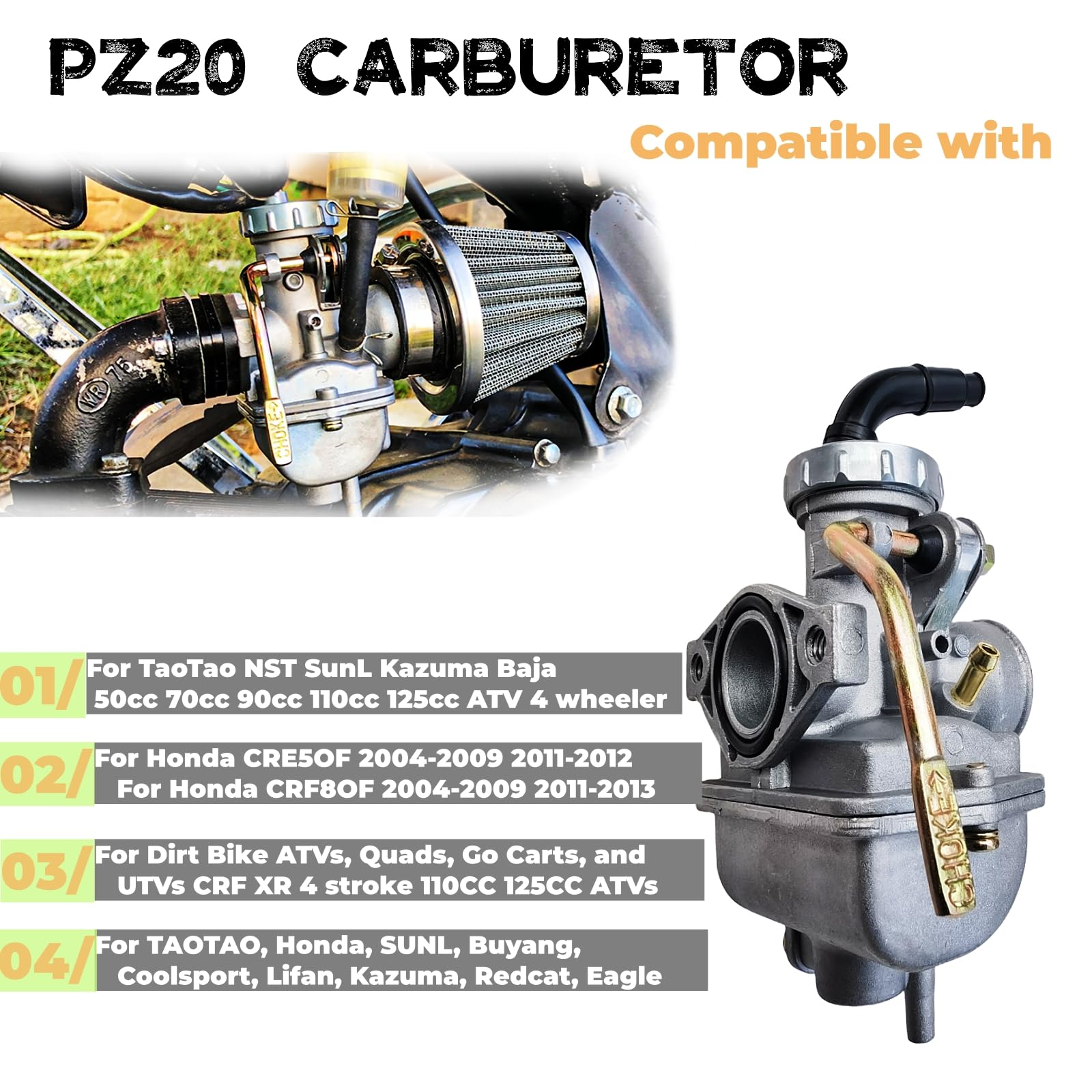 Lei Song Carb PZ19 Fit Compatible 50cc 70cc 90cc 110cc 125cc ATV Carburetor Compatible Dirt Pit Bike Go Kart Kazuma Taotao Baja Polaris Roketa Sunl Honda Xr Crf - Foto 3