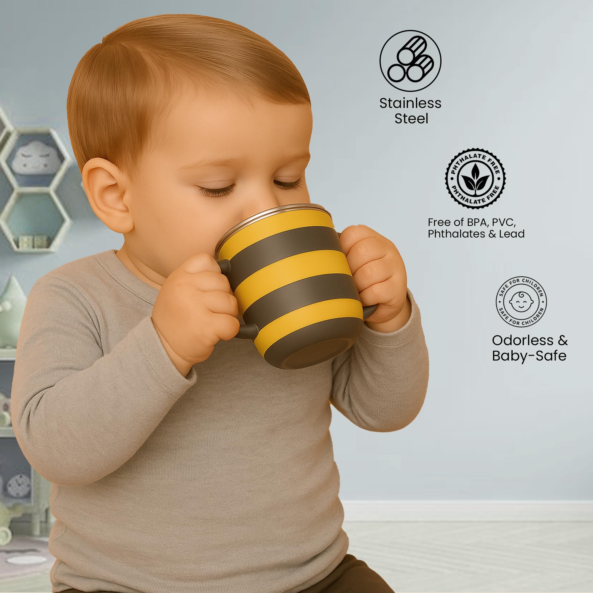 ONE AND ONLY Baby Sippy Cup | Stainless Steel Spill Proof Training Cup & Water Bottle with Handle | Toddler & Kids Milk Sipper Feeding Bottle | BPA-Free Baby Drinking Cup (Yellow) - Image 7 thumbnail