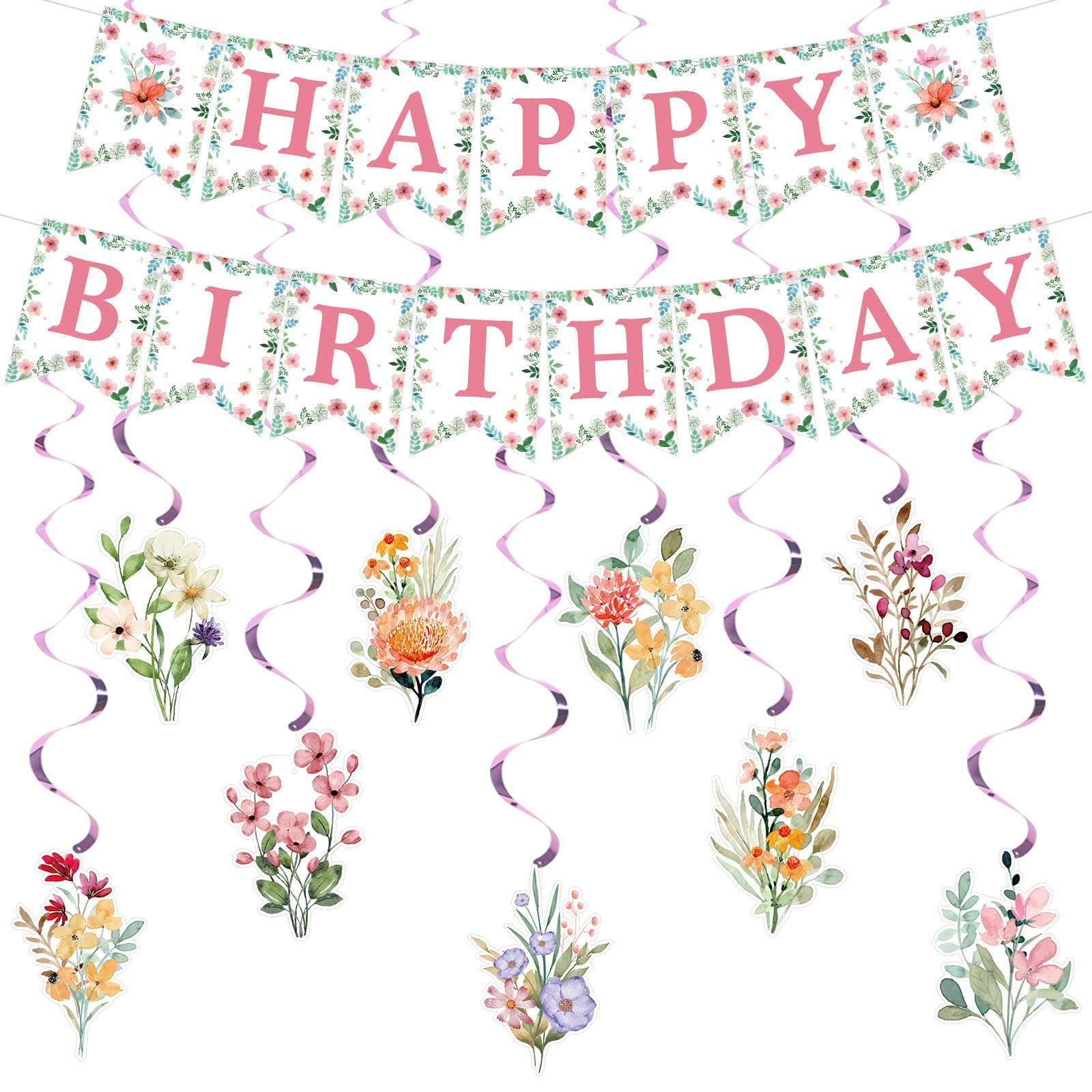 9 Pastel Colours Floral Swirls & 1 Happy Birthday Banner for Birthday Party