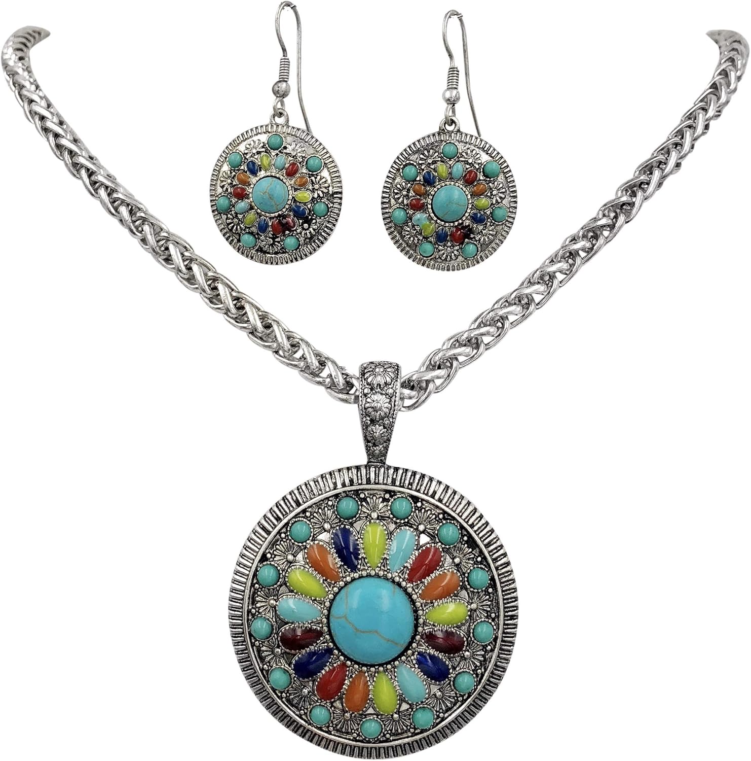 Gypsy Jewels Multi Color Simple Pendant Silver Tone Simulated Turquoise Boutique Style Statement Necklace & Dangle Earring Set