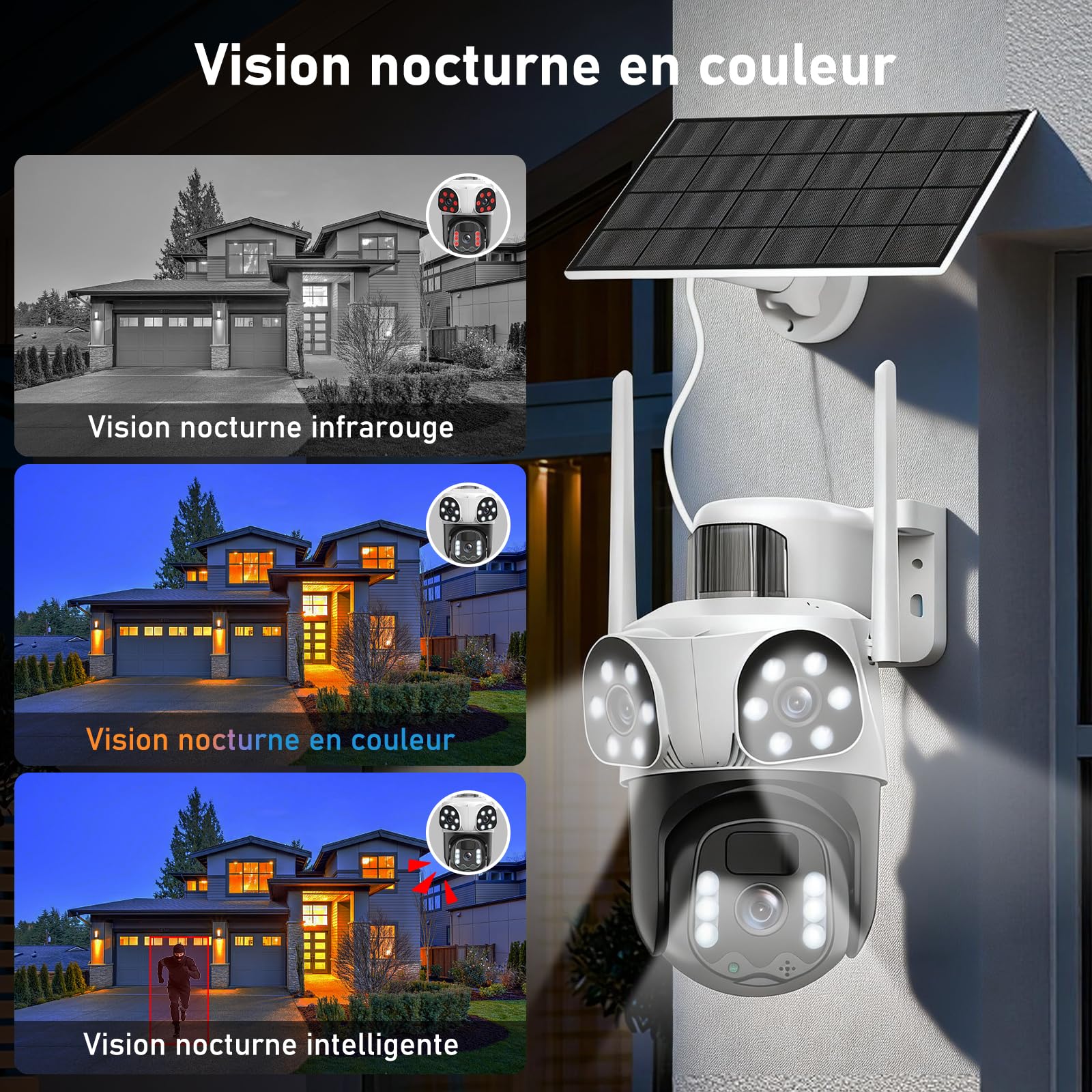 12MP Caméra Surveillance WiFi Extérieure à Triple Objectif,AOV 24/7,355°PTZ Caméra 3-in-1,Détection Humaine avec Panneau Solaire,Suivi Automatique,Vision Couleur,Audio Bidirectionnel,Batterie 10000mAh