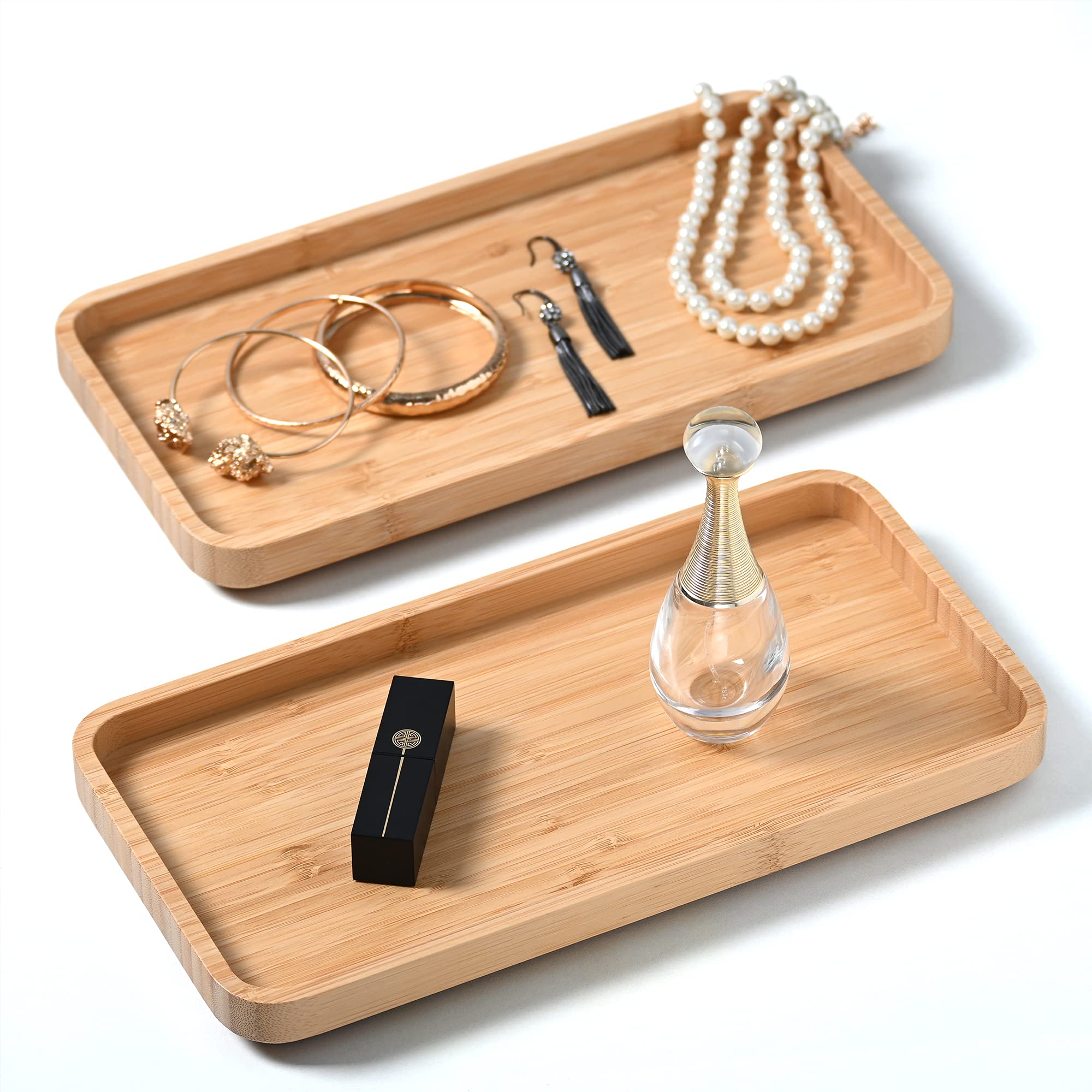 Bamboo Tray 12 x 6 x 1 inches, Set 2 Pieces | Bathroom Tray | Small Tray for Dresser Counter, Toilet Tank Top Decorative Tray - Holds Small Items, Makeup, Tissues, Candles, Guest Towels, Soap
