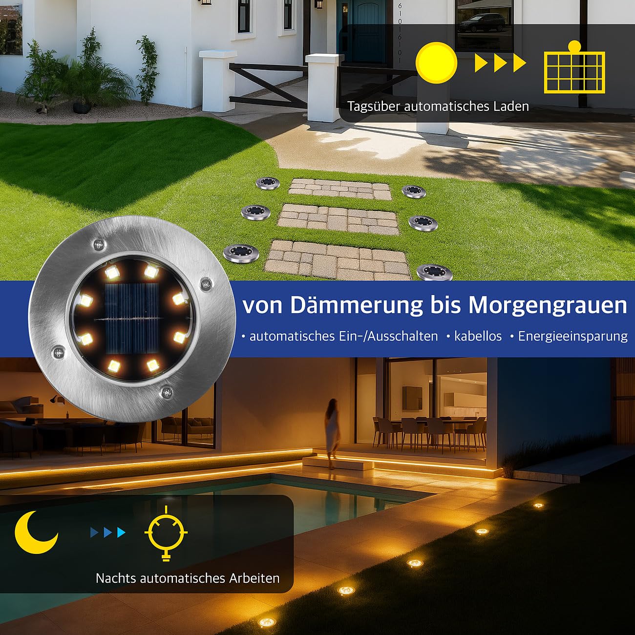 Lunartec Erdspieß-Bodenleuchten: 12er-Set Akku-Solar-Bodenleuchten, Edelstahlgehäuse, 8 LEDs, wamweiß (Solarleuchten Garten Boden, LED-Solar-Bodenstrahler, Beleuchtung)