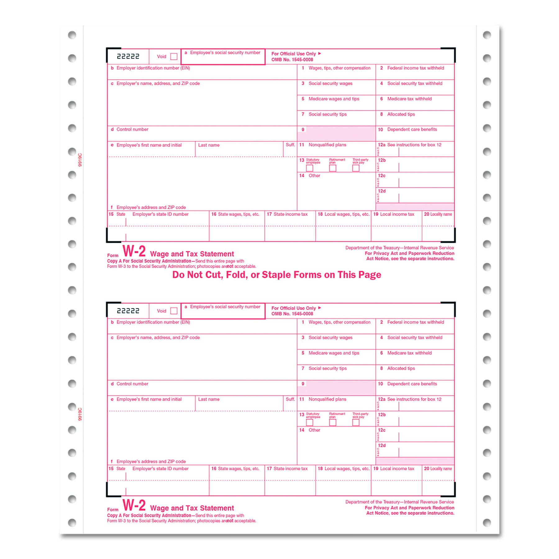 TOPS 2206C W-2 Tax Forms, 6-Part Carbonless, 5 1/2 x 8 1/2, 24 W-2s & 1 W-3