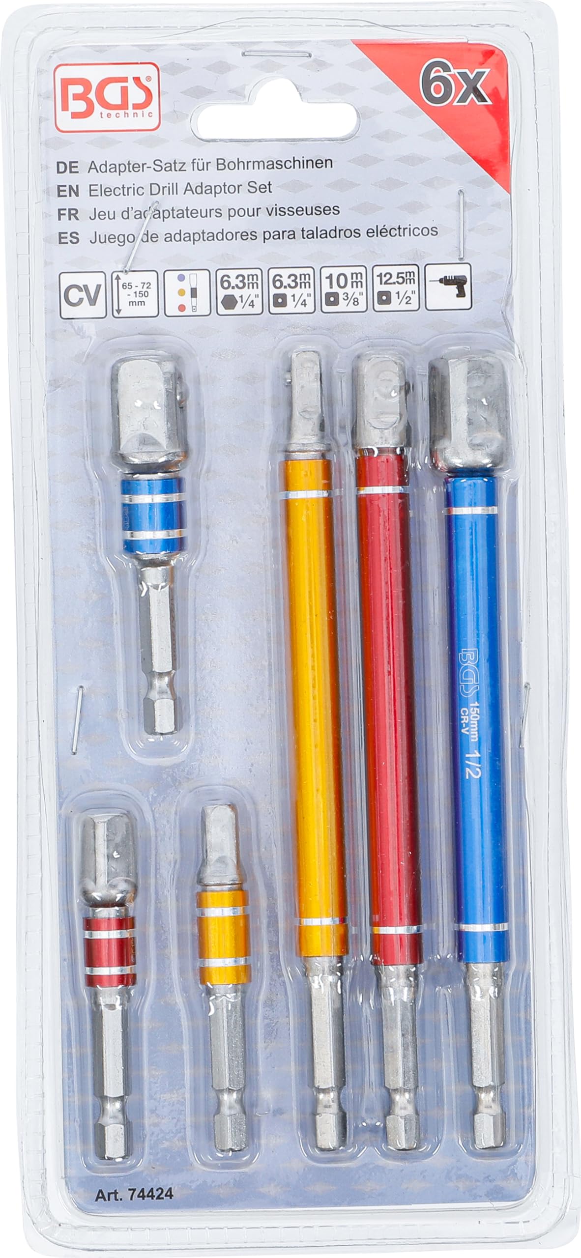 BGS 74424 Serie di adattatori per trapano 6 pezzi 6,3 mm 10 mm 12,5 mm 75-150 mm