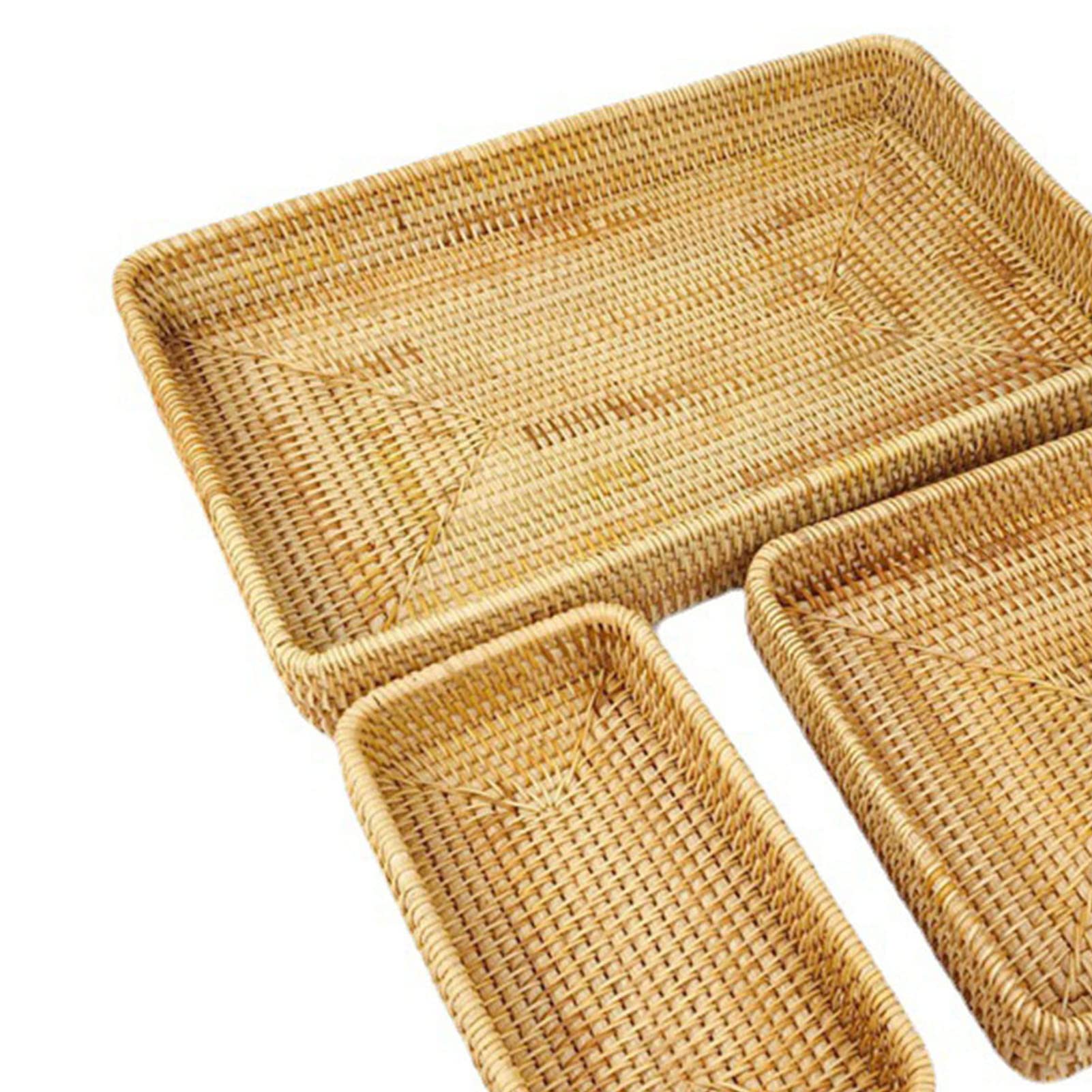Juego de Bandejas de Ratán Tejidas a Mano, Cesta Multifuncional para Servir de 3 Piezas para Organización de Mesa, para Refrigerios, Pan y café, Bandejas Decorativas Livianas y Portátiles